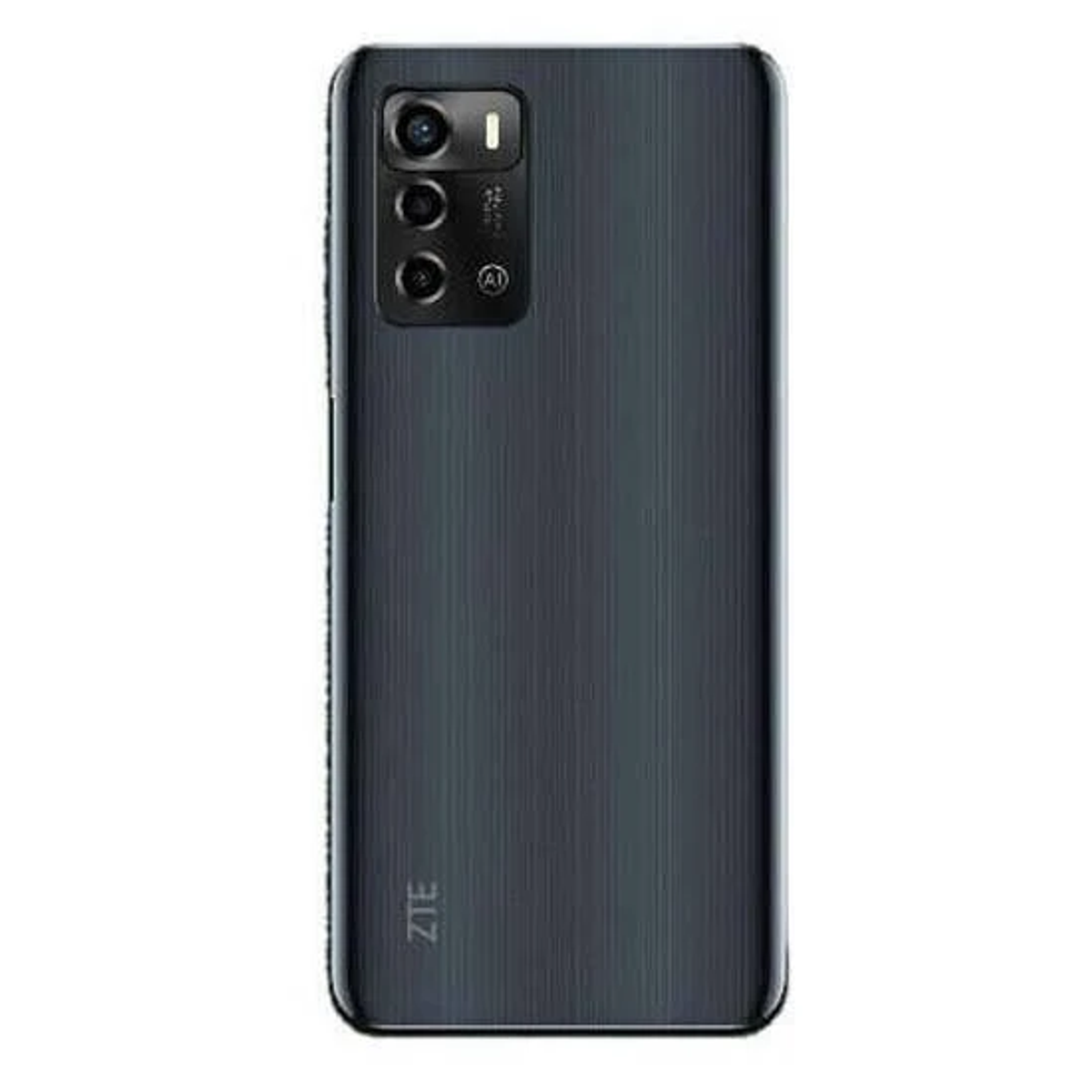 Widok z tyłu ciemnoszarego smartfona z prostokątnym modułem aparatu i logo ZTE na dole.