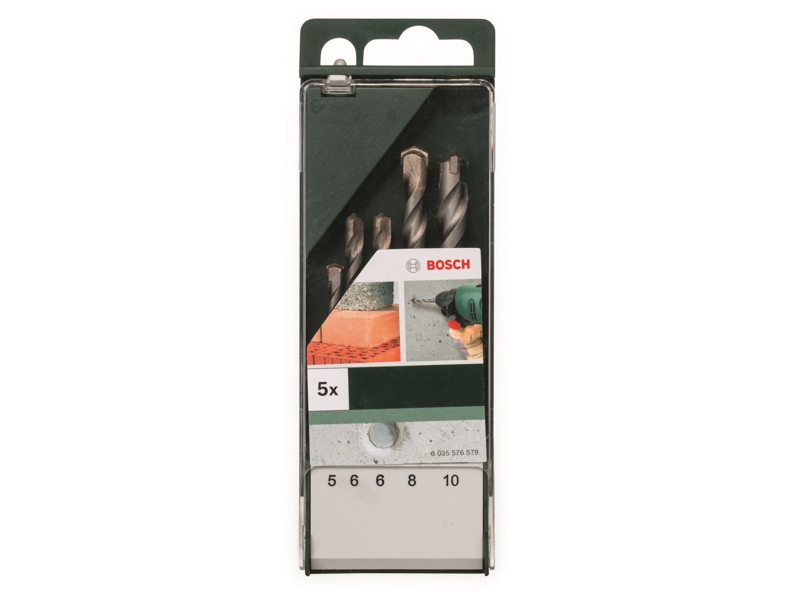 Satz Bosch-Bohrer in einer transparenten Kunststoffverpackung mit Größenangaben.