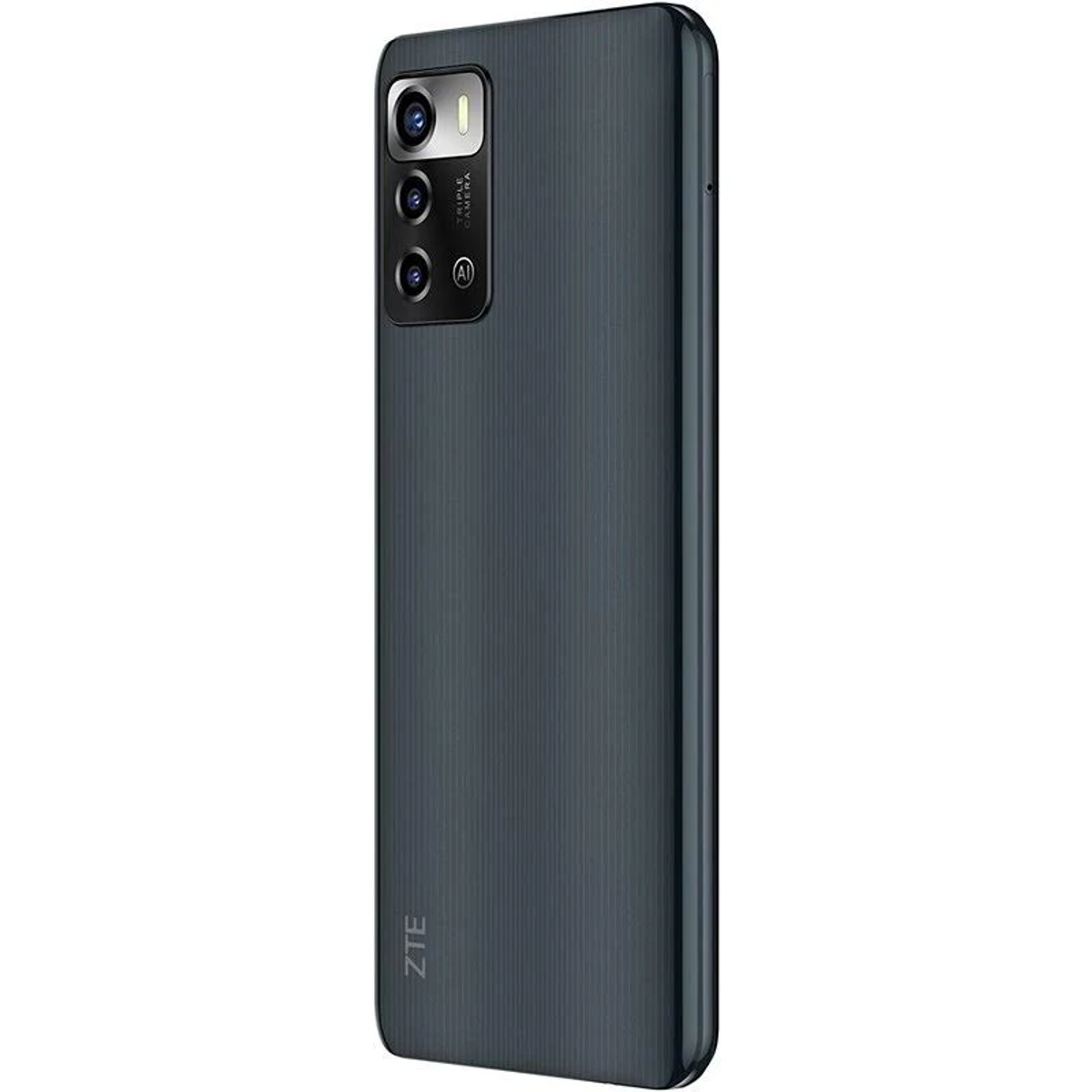 Smartphone grigio scuro. Modulo fotocamera triplo sul retro e marchio ZTE.