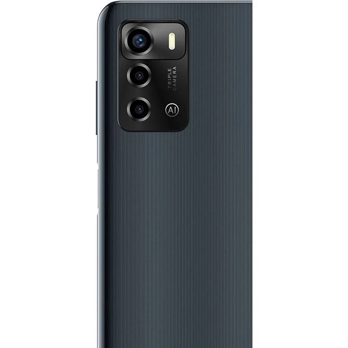 Il retro di uno smartphone grigio scuro con una configurazione a tripla fotocamera e un logo AI.