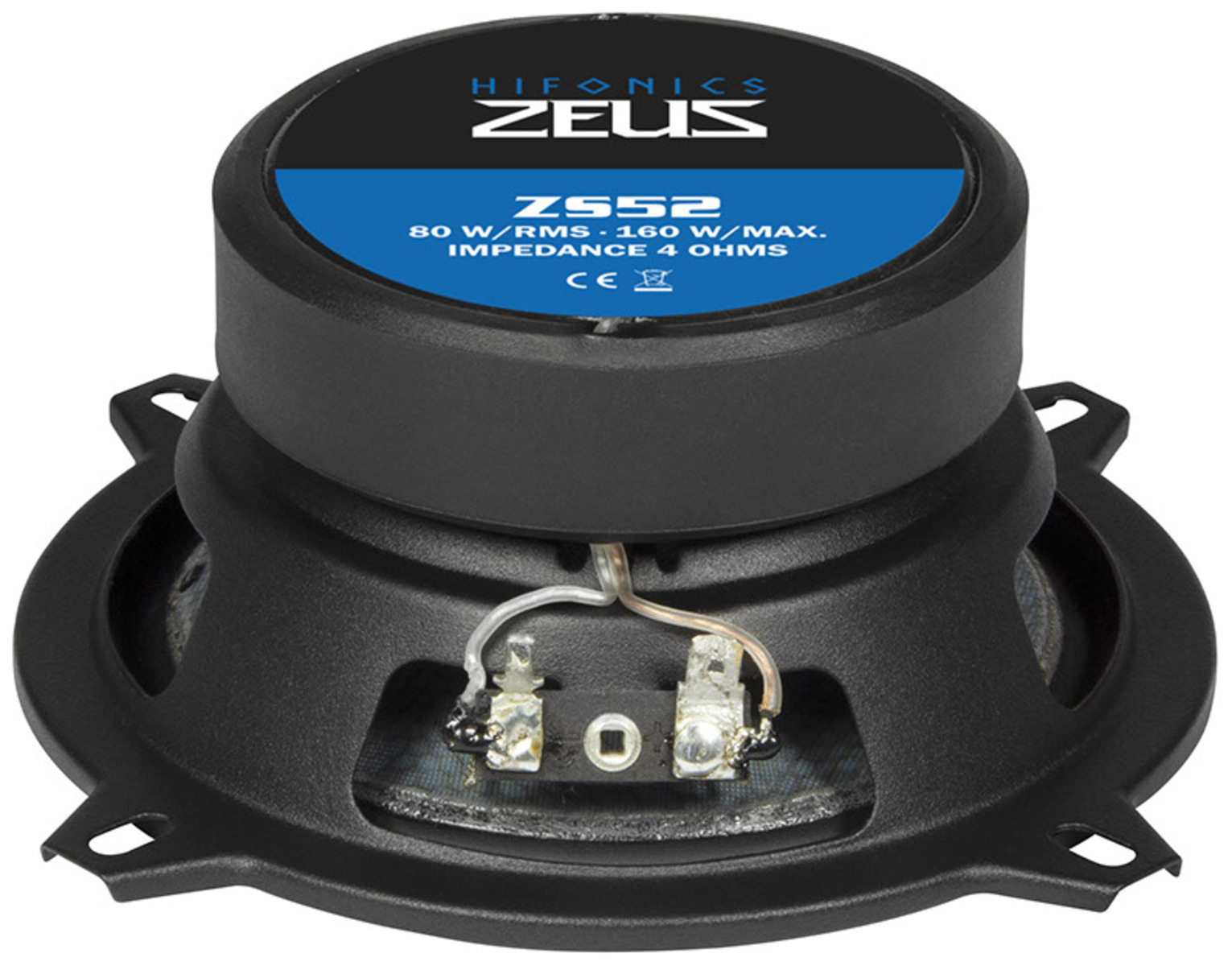 Schwarzer Lautsprecher mit blauem Etikett. Text: Hifonics Zeus ZS52, 80 W/RMS, 160 W/max, Impedanz 4 Ohm.