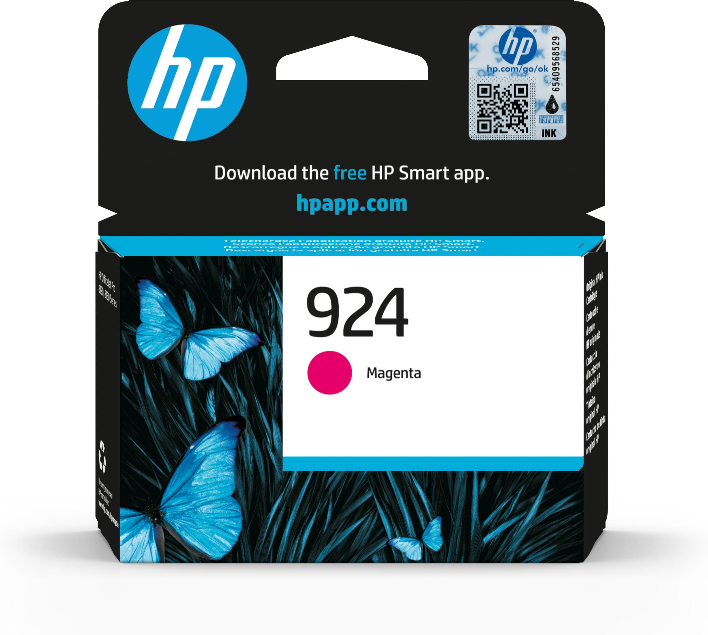 Una cartuccia d'inchiostro HP magenta con farfalle. La confezione ha un design nero e blu.