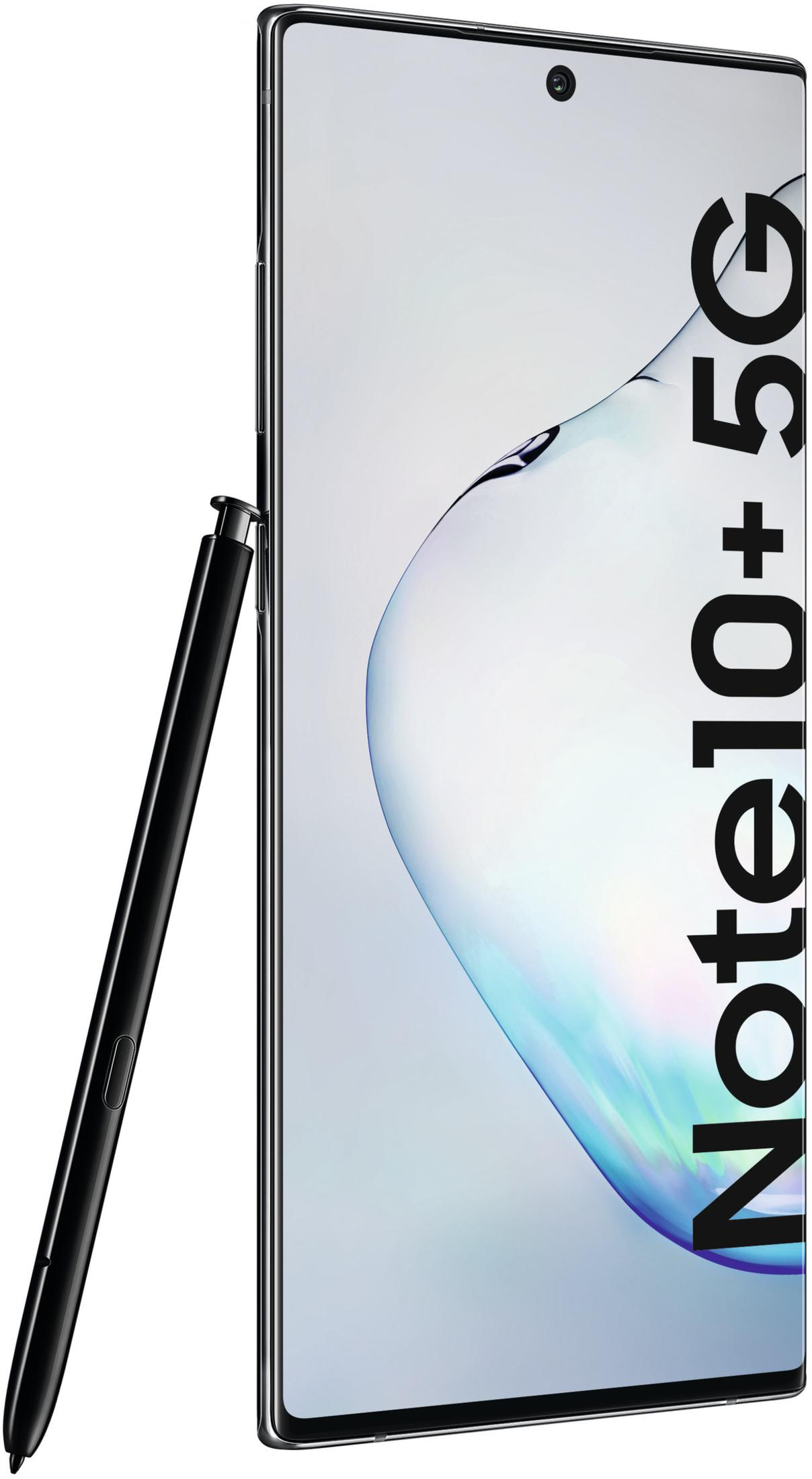 Telefon Samsung Note10+ 5G, czarny z czarnym rysikiem i napisem Note10+ 5G.