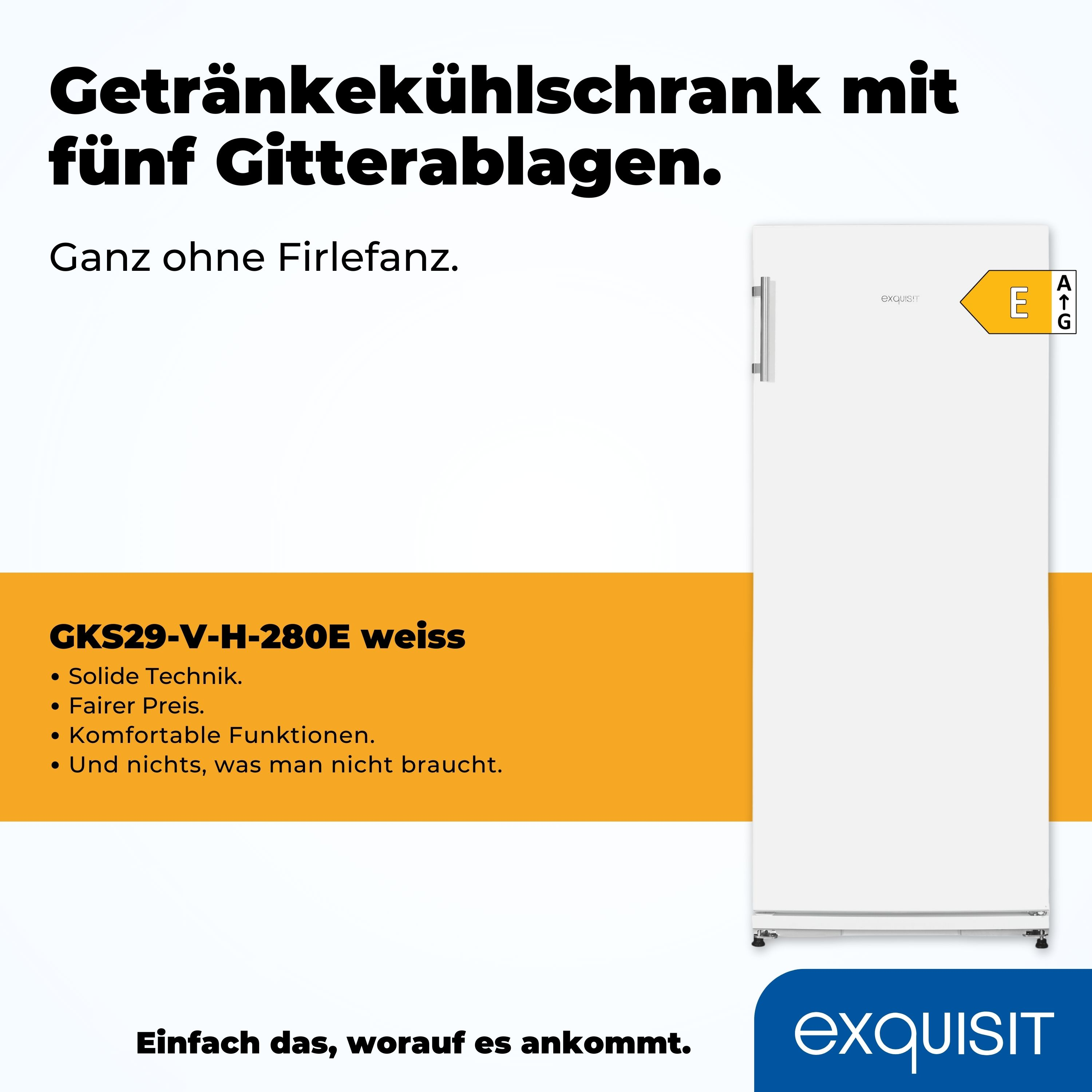 Weißer Kühlschrank mit Energielabel, GKS29-V-H-280E Modelldetails und Text; einfaches Design.