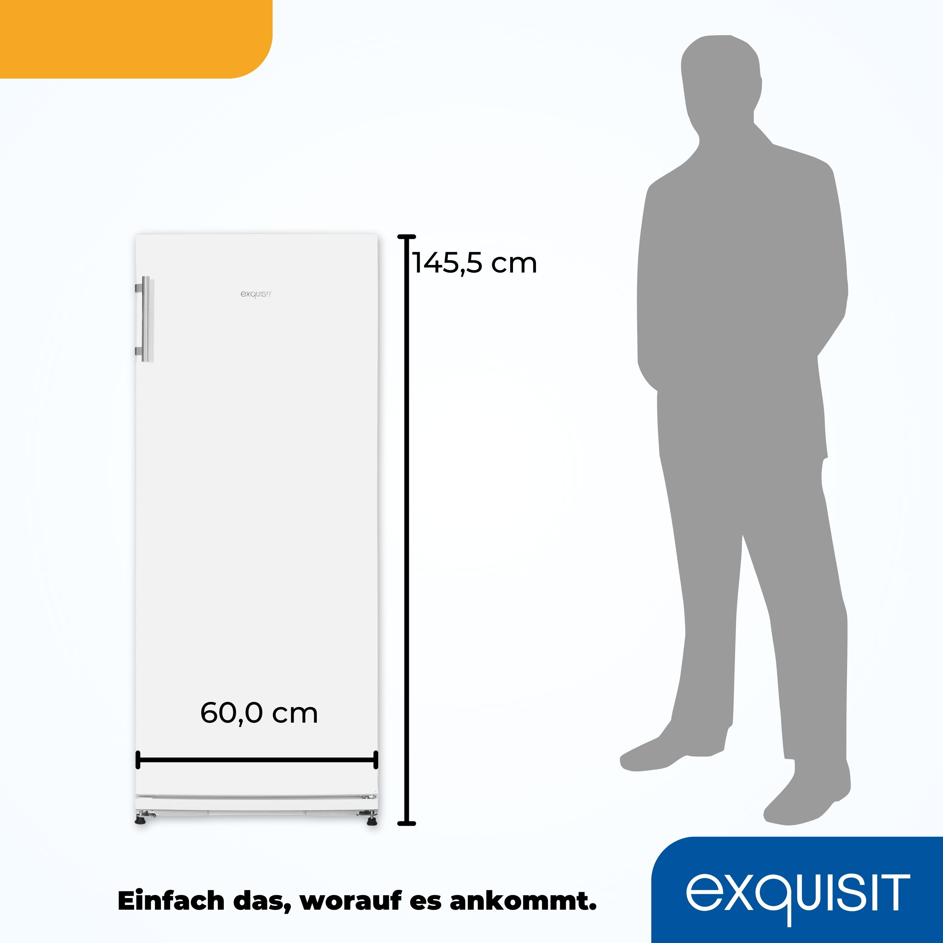 Weißer Kühlschrank mit Abmessungen. Text: '60,0 cm' und '145,5 cm'.