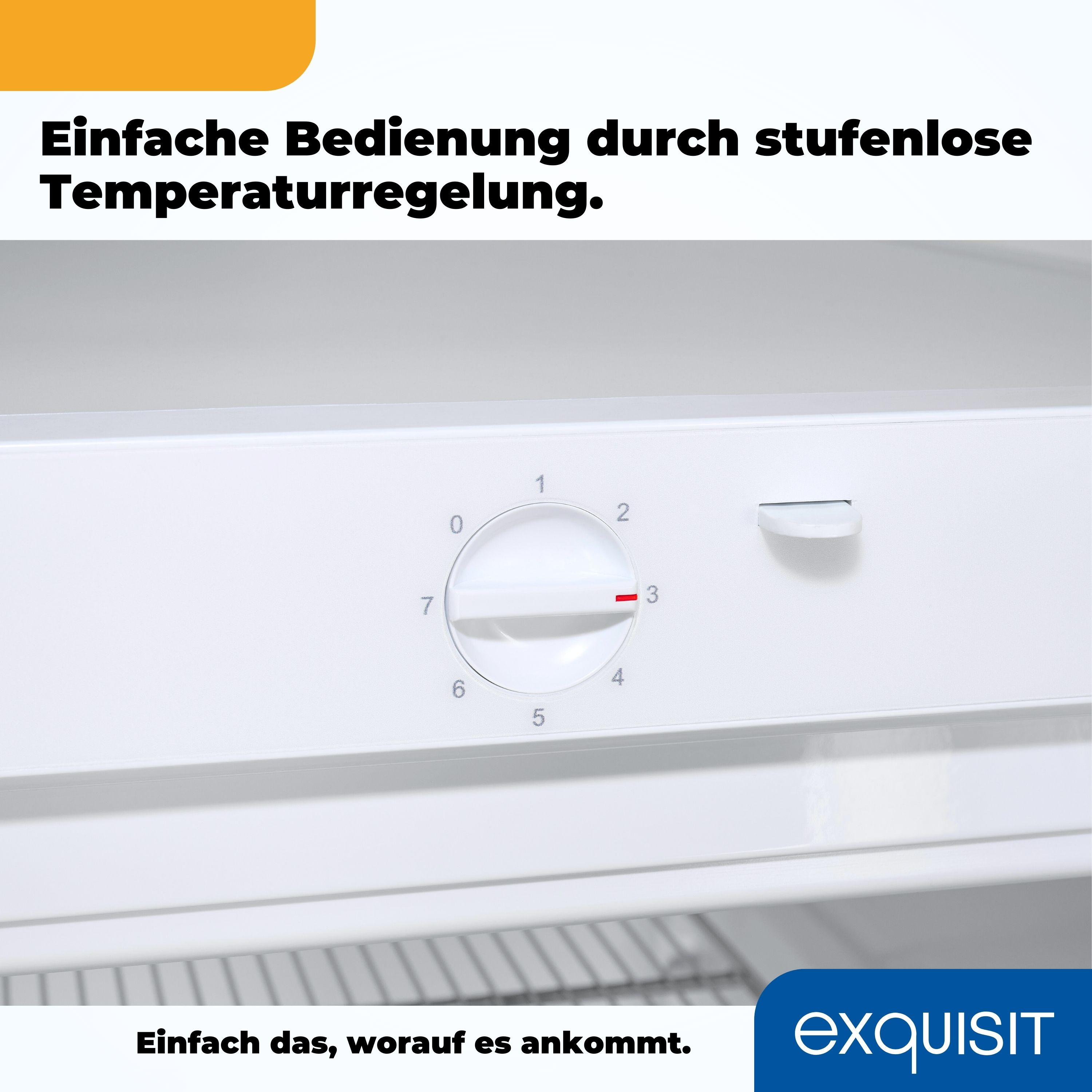 Ein weißer Drehknopf auf einer weißen Oberfläche. Es hat Zahlen von 0 bis 7. Text auf Deutsch oben und unten.
