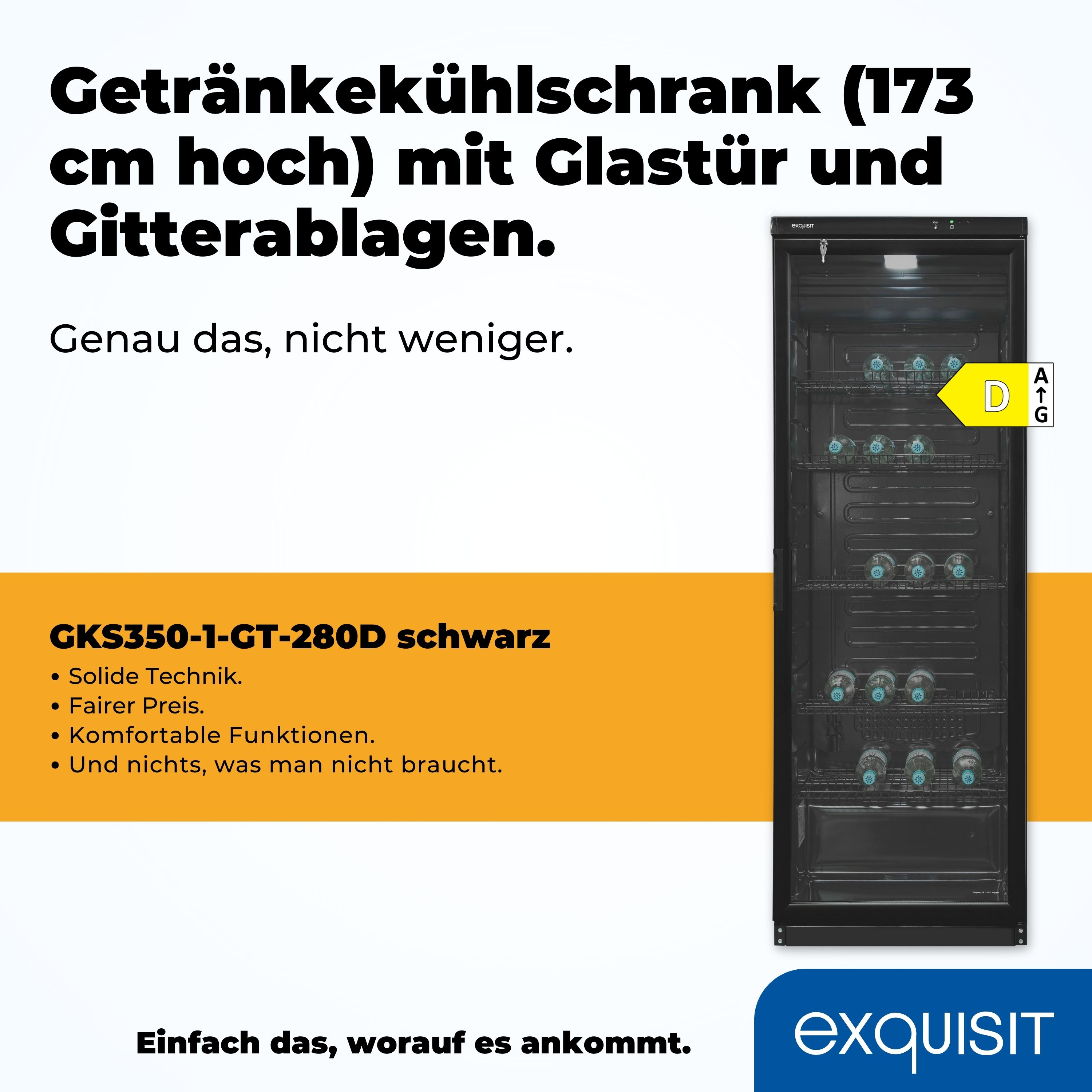 Schwarzer Kühlschrank mit Glastür, gelbem Text und weißem Logo.