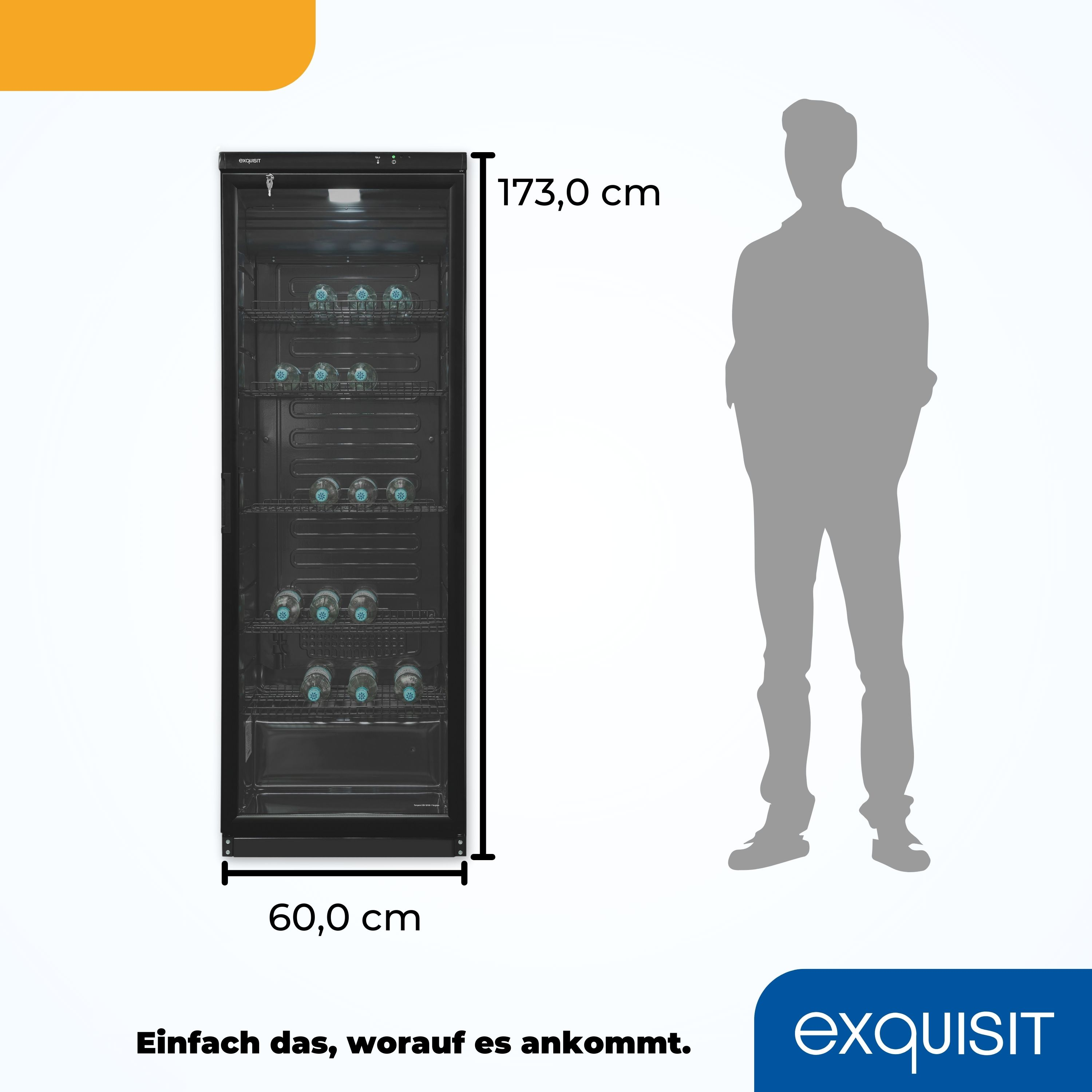 Schwarzer Weinkühler mit Flaschen im Inneren und Silhouette einer Person als Größenvergleich.
