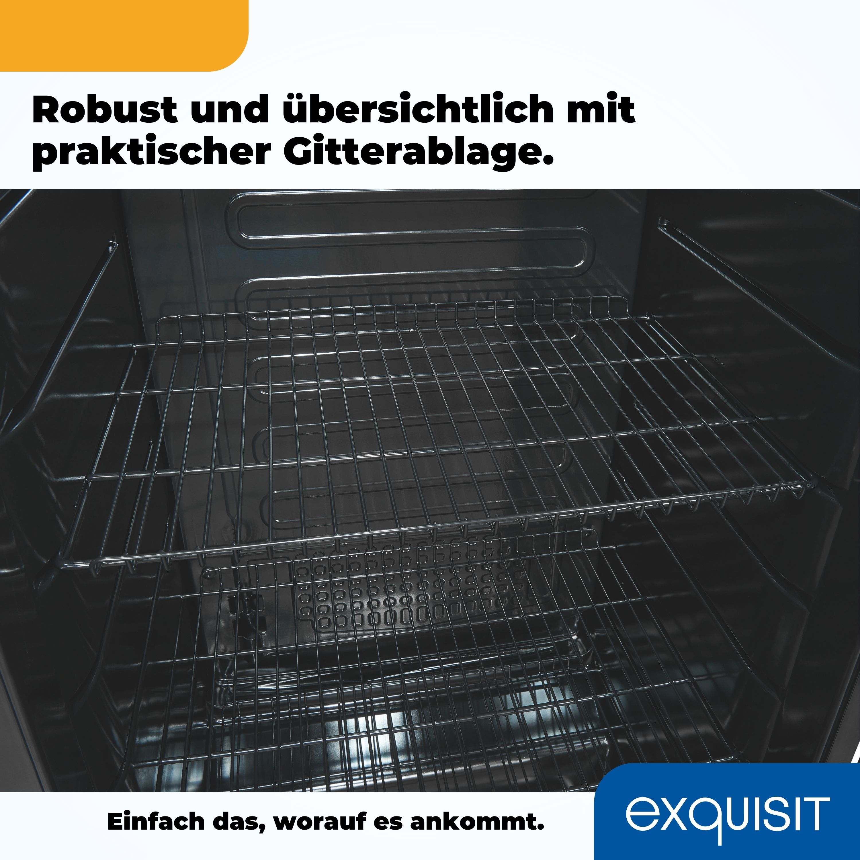 Offener Ofeninnenraum mit Drahtgestellen. Text auf Deutsch. Weißer Hintergrund.