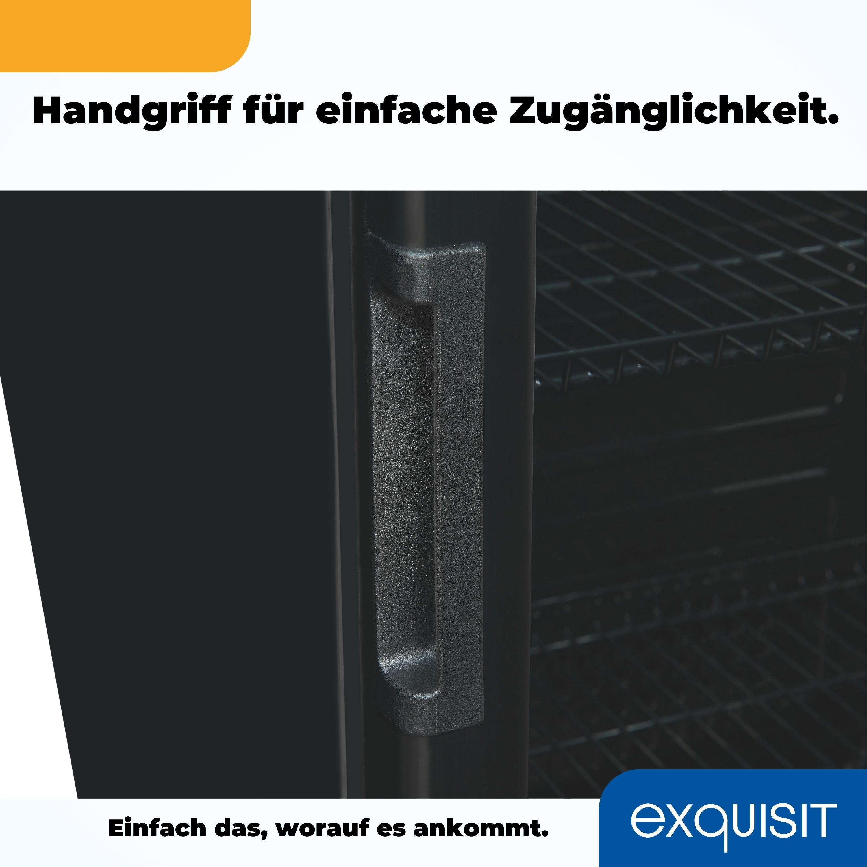 Schwarzer Griff einer Schranktür. Der Text lautet: Handgriff für einfache Zugänglichkeit.