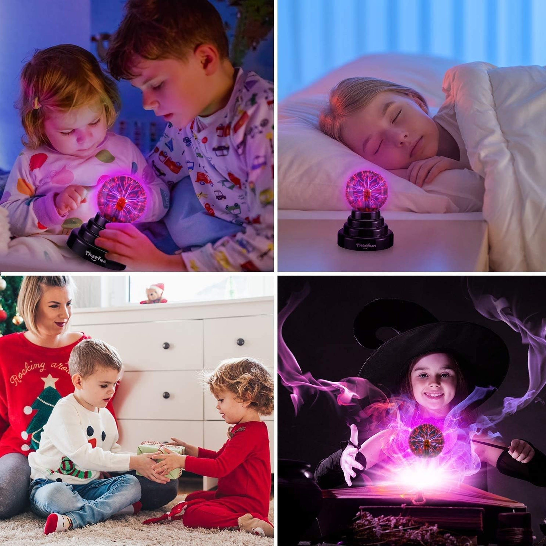 Vier Bilder, die Kinder zeigen, die mit einer Plasmakugel interagieren, darunter eines, das magisch wirkt.
