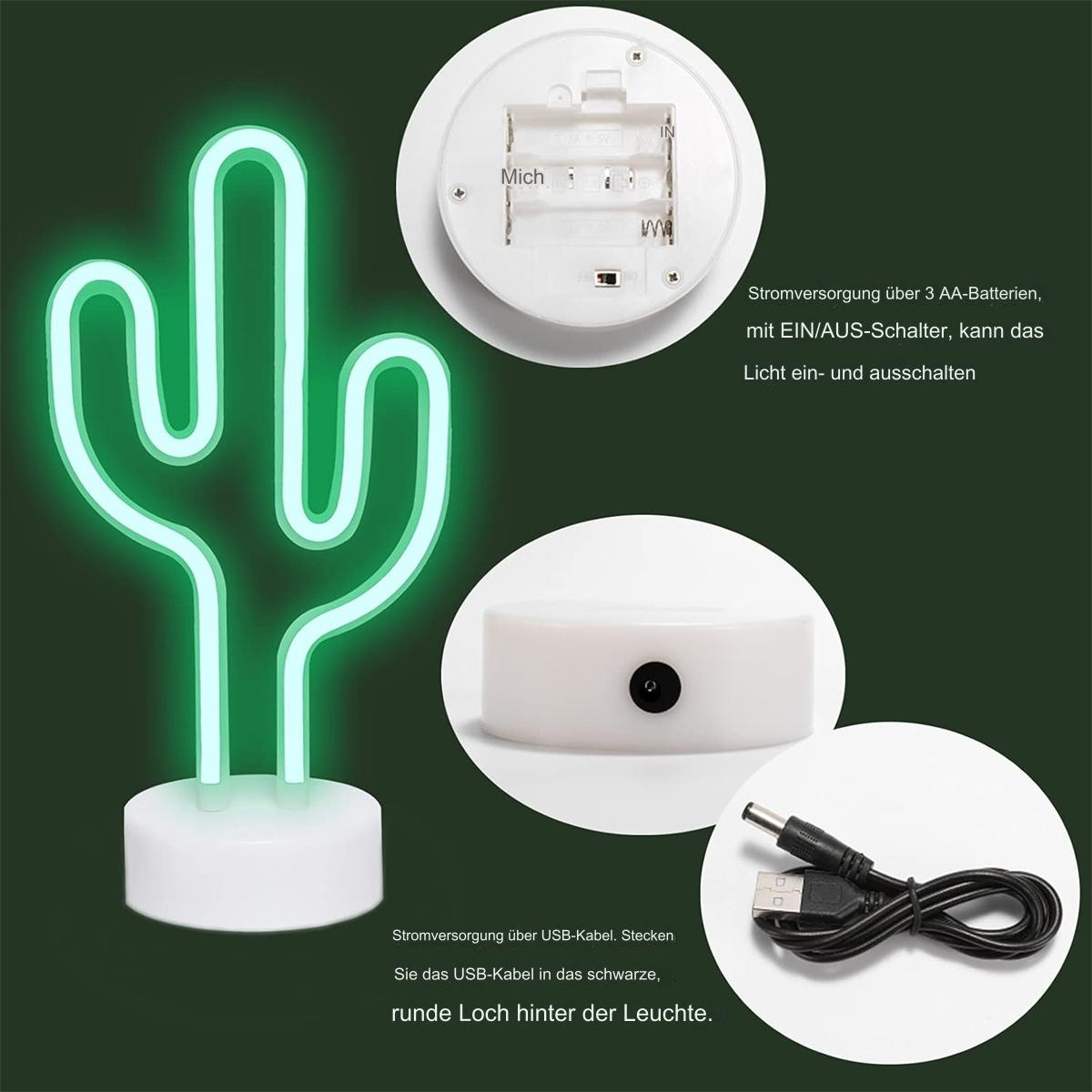 Ein grünes Neon-Kaktuslicht auf weißer Basis, mit USB-Kabel und Batteriefachdetails.