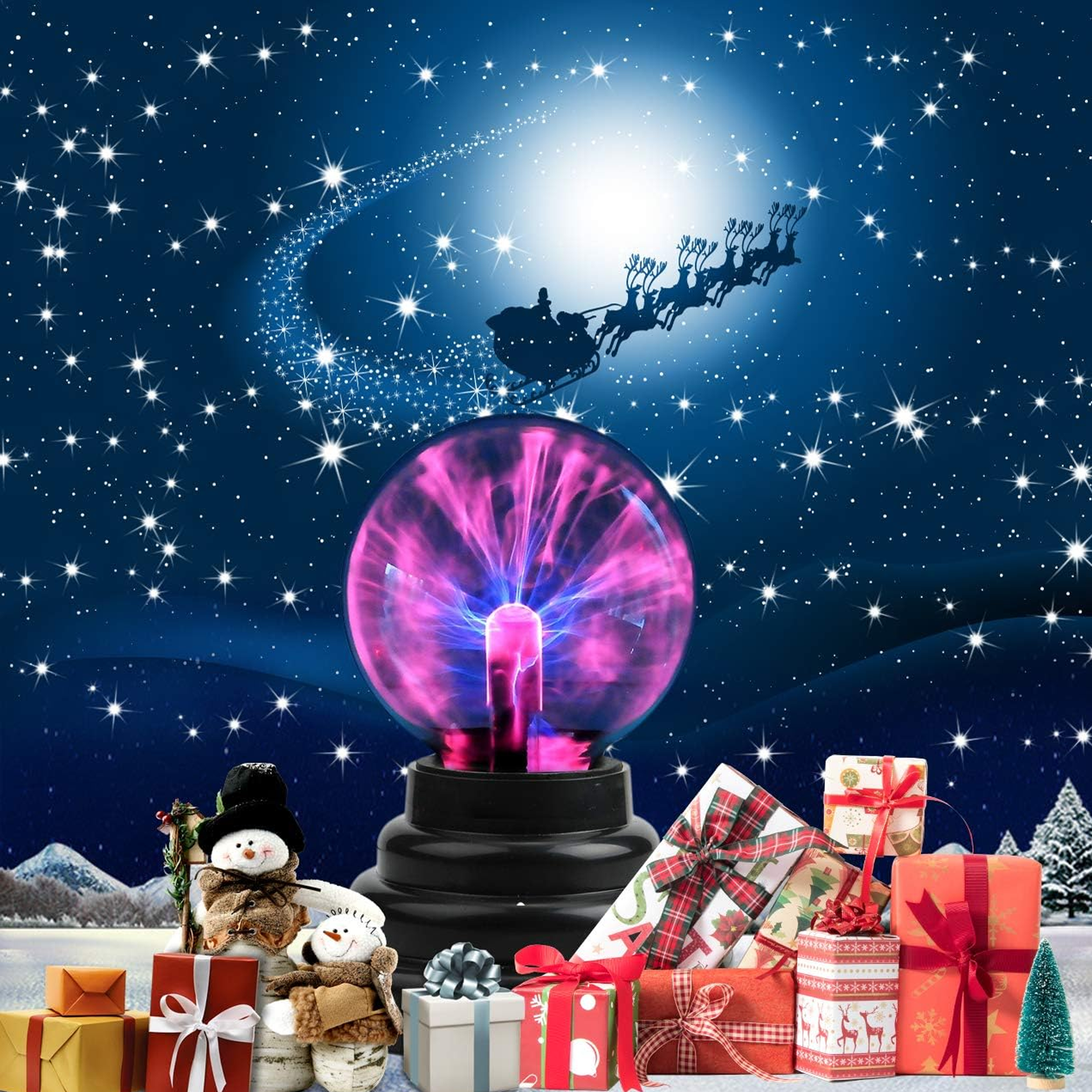 Plasmakugel, Schneemann, Geschenke und Weihnachtsmann am Nachthimmel mit Sternen.