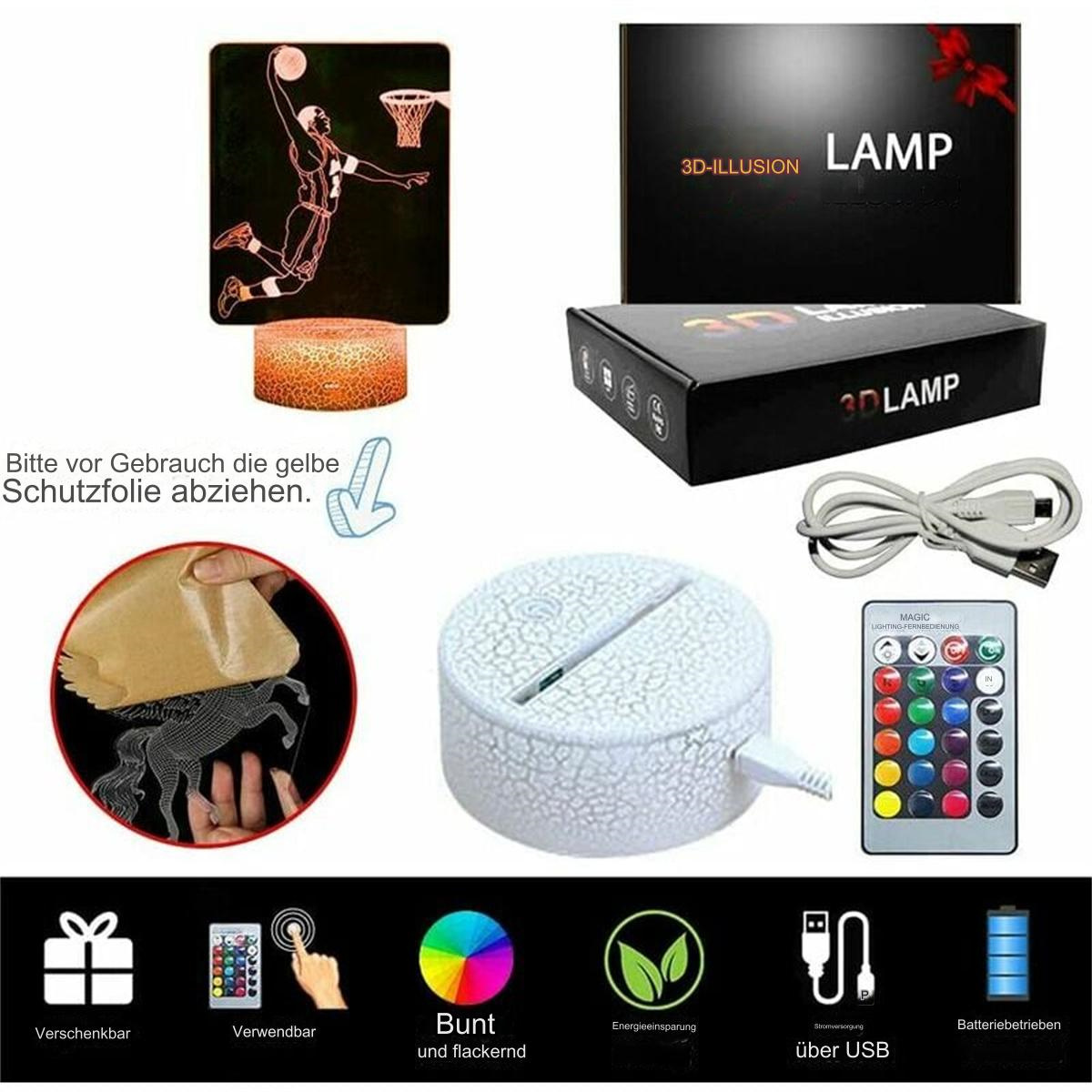 Eine 3D-Basketballlampe mit Basketballspieler, einer Box und einer Fernbedienung.
