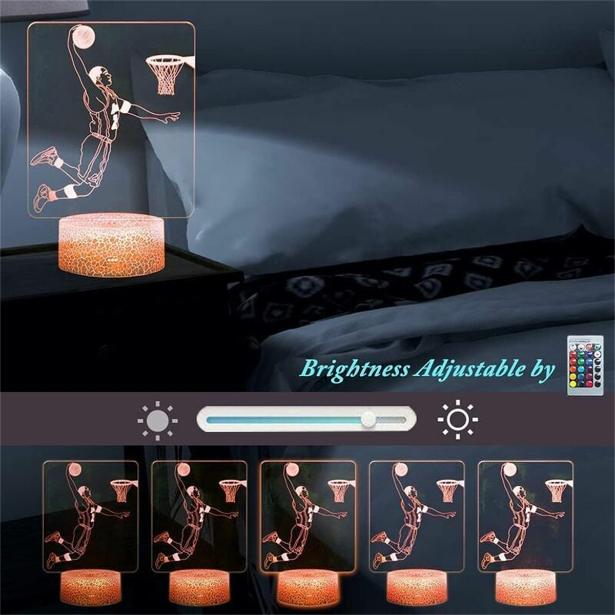 Basketballspieler-Lampe mit einstellbarer Helligkeit in einem Schlafzimmer. Die Lampe zeigt einen Dunking-Wurf.