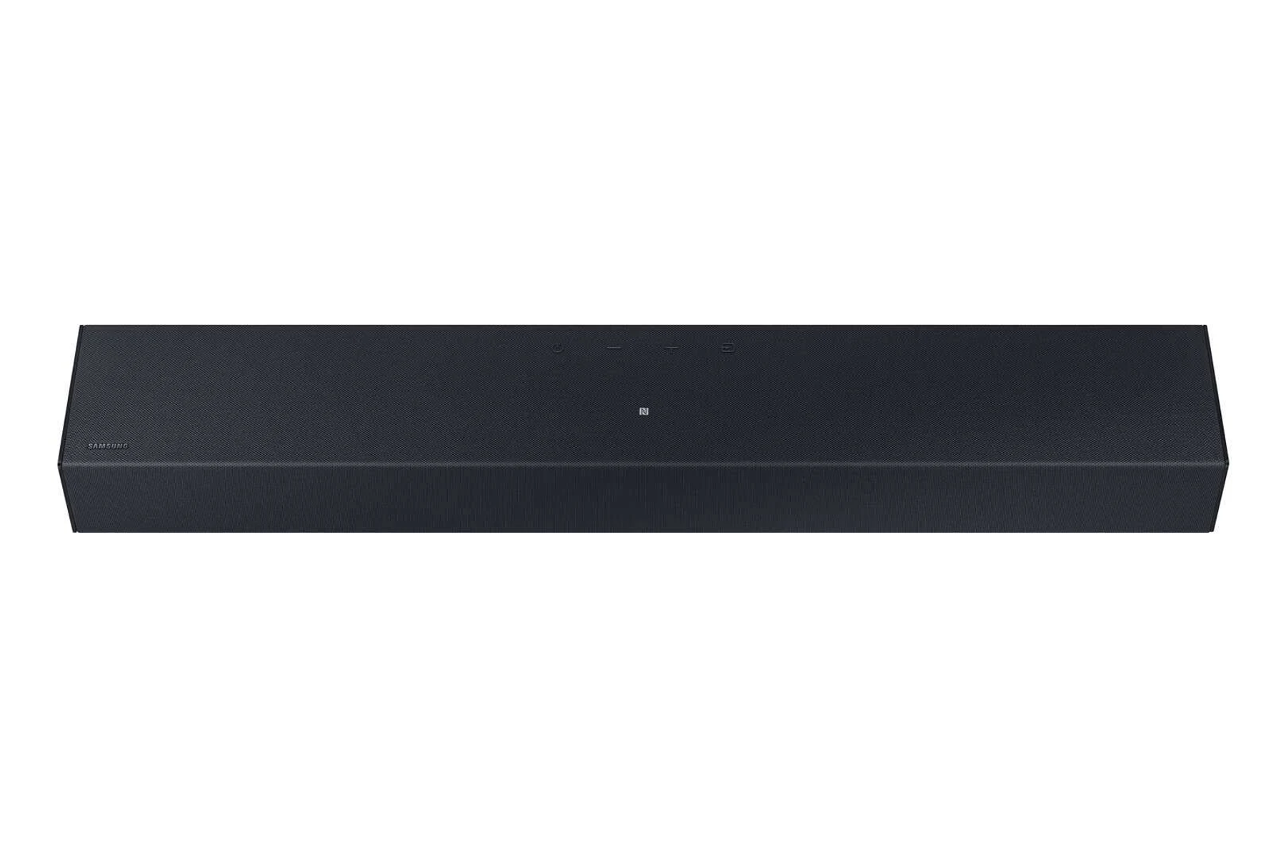 Barra de sonido Samsung negra. Diseño simple, forma rectangular, con un logotipo en el medio.