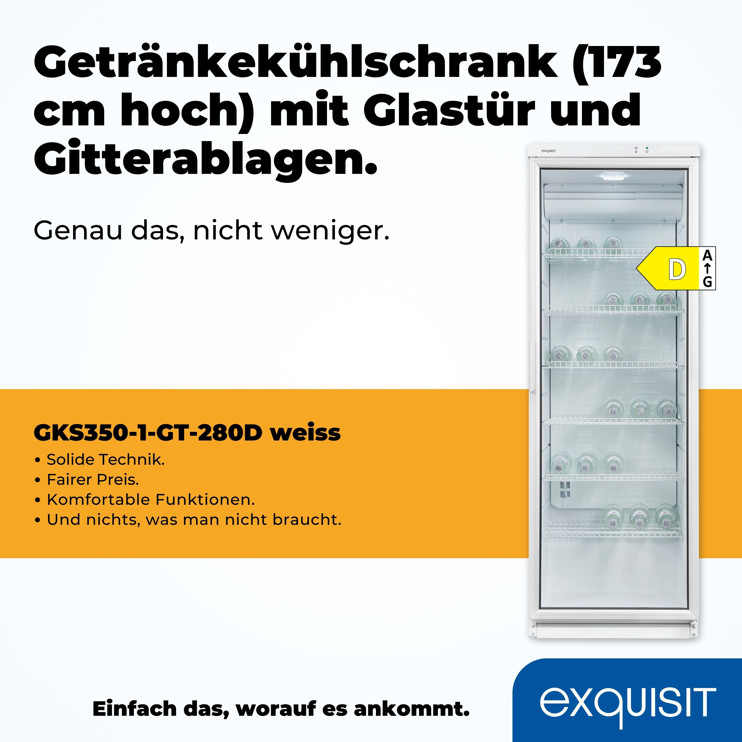 Weißer Kühlschrank mit Glastür und Regalen, mit Textbeschreibungen und einem Energielabel. Das Markenlogo ist unten.