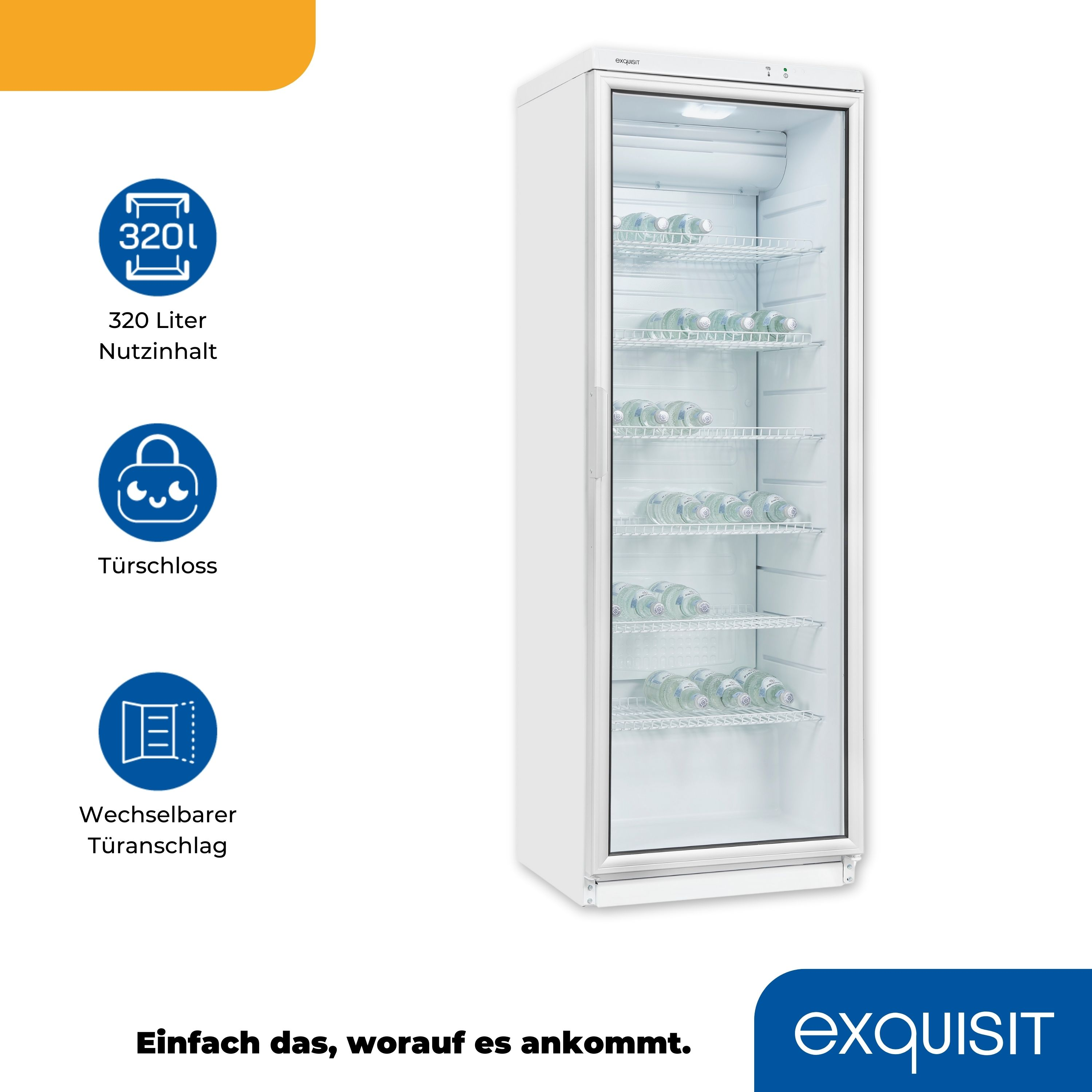 Ein weißer Kühlschrank mit Glastür. Der Kühlschrank hat Regale und ist mit 'exquisit' beschriftet.