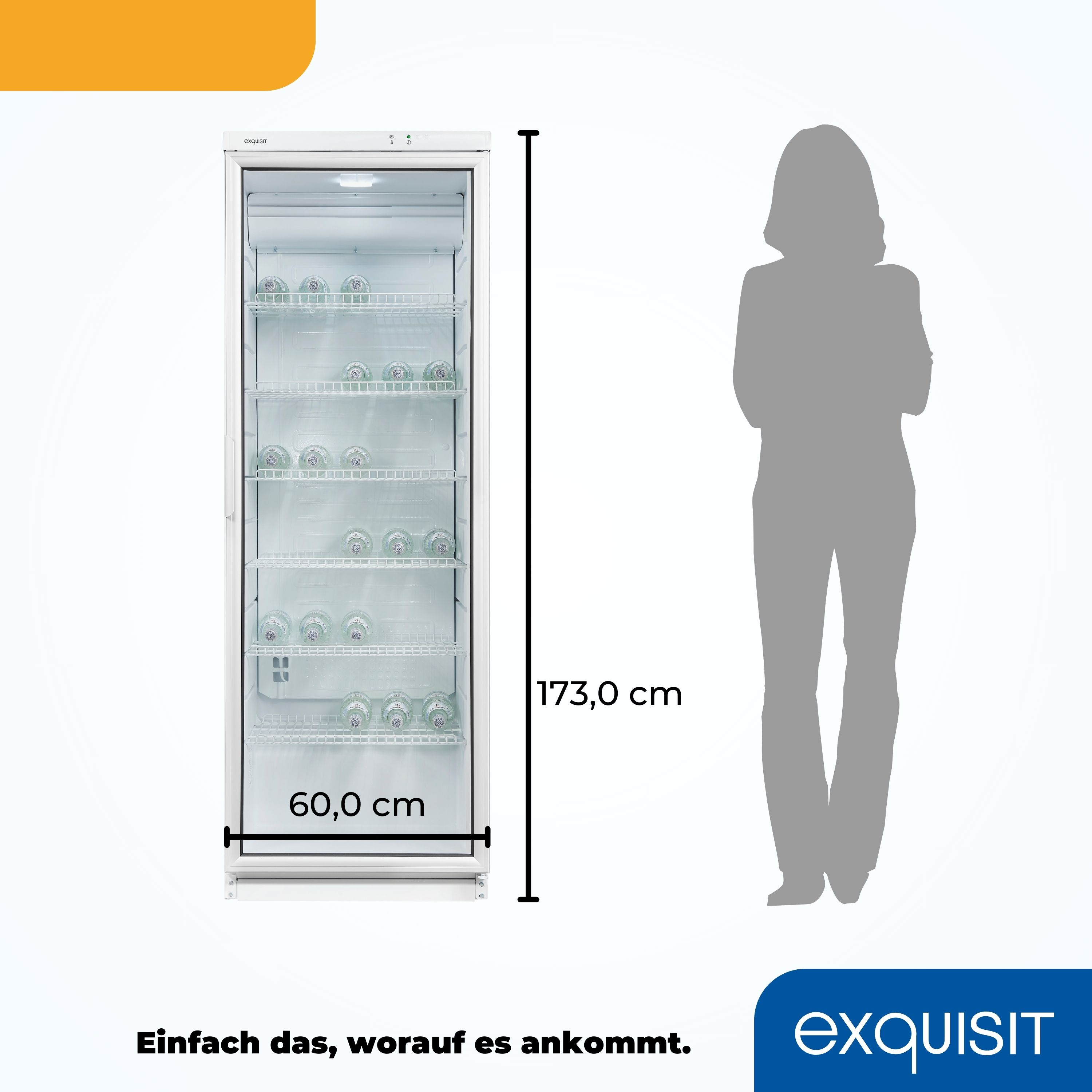 Hoher weißer Kühlschrank mit Abmessungen in cm und eine menschliche Silhouette.
