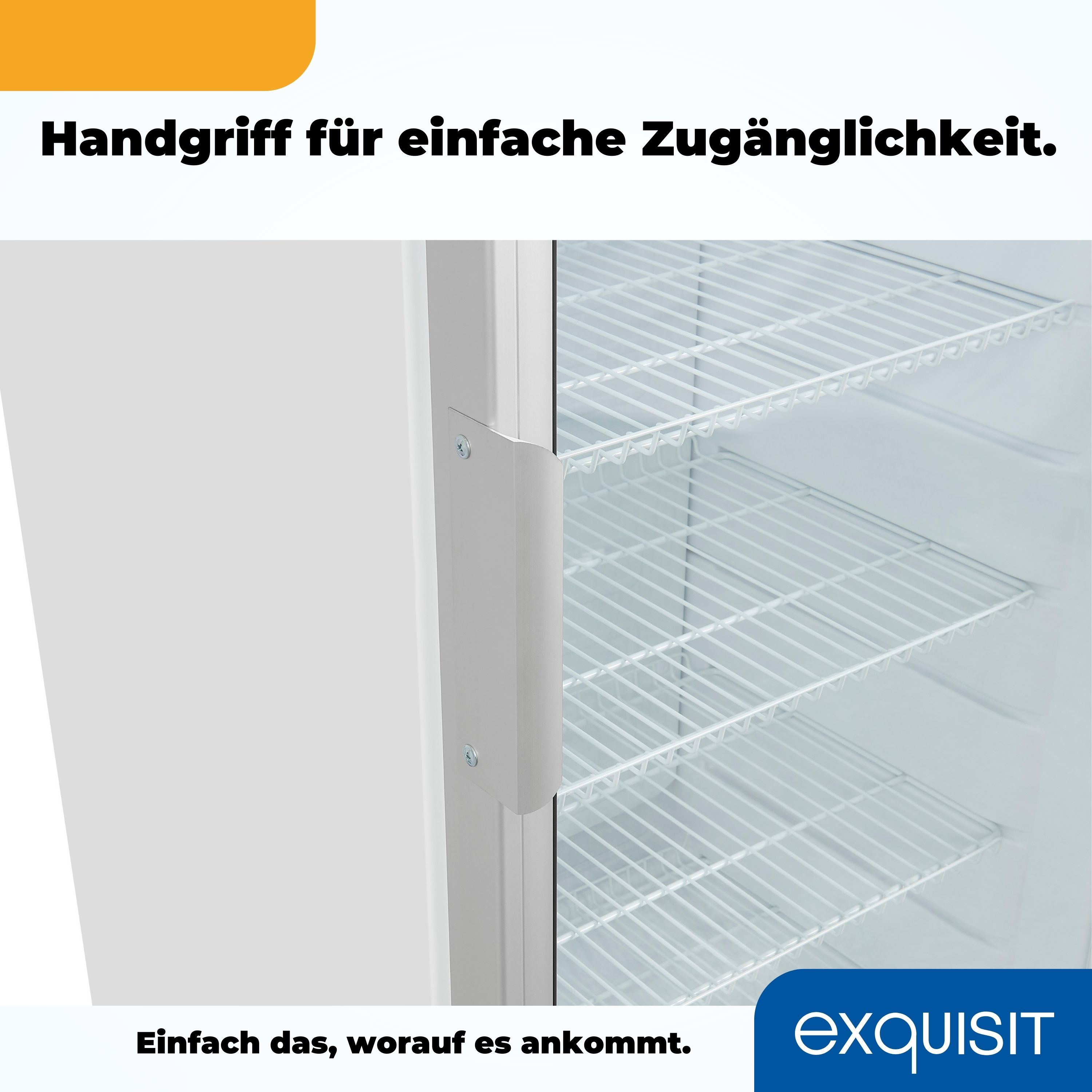 Weißer Kühlschrank mit silbernem Griff und Drahtregalen. Text: Griff für einfachen Zugang und einfaches Design.