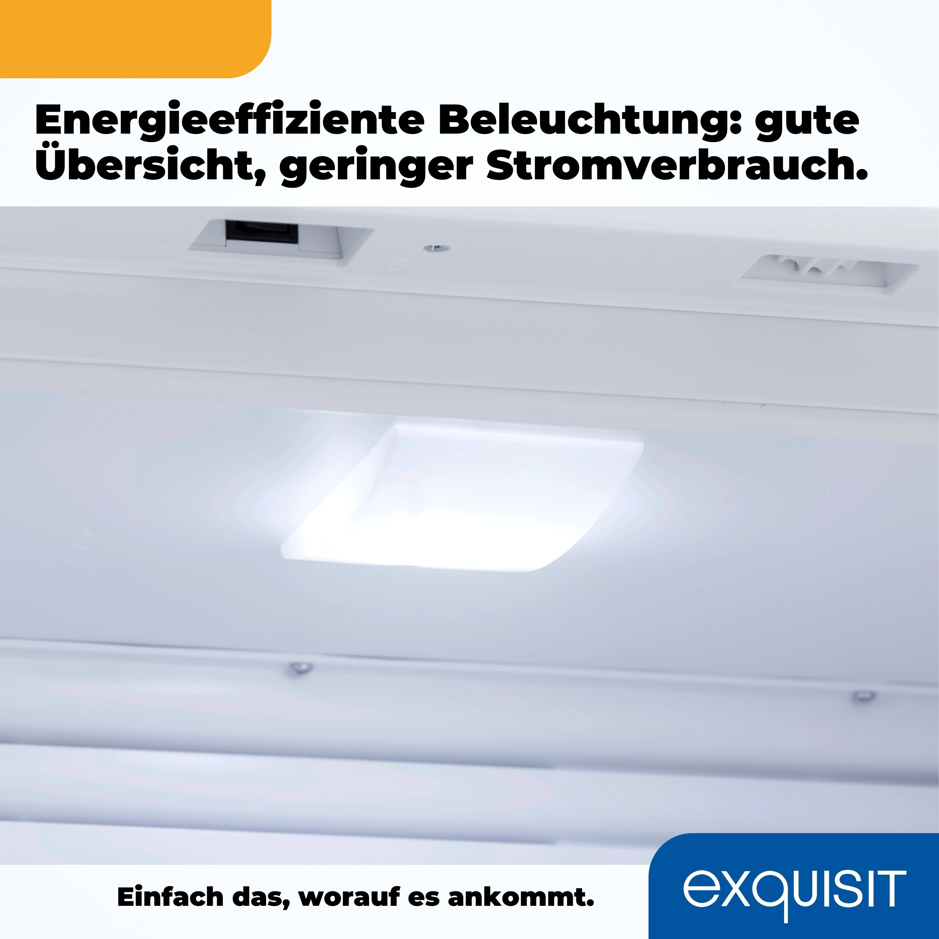 Nahaufnahme eines quadratischen, hellen Lichts an einer weißen Decke. Text auf Deutsch oben und unten.