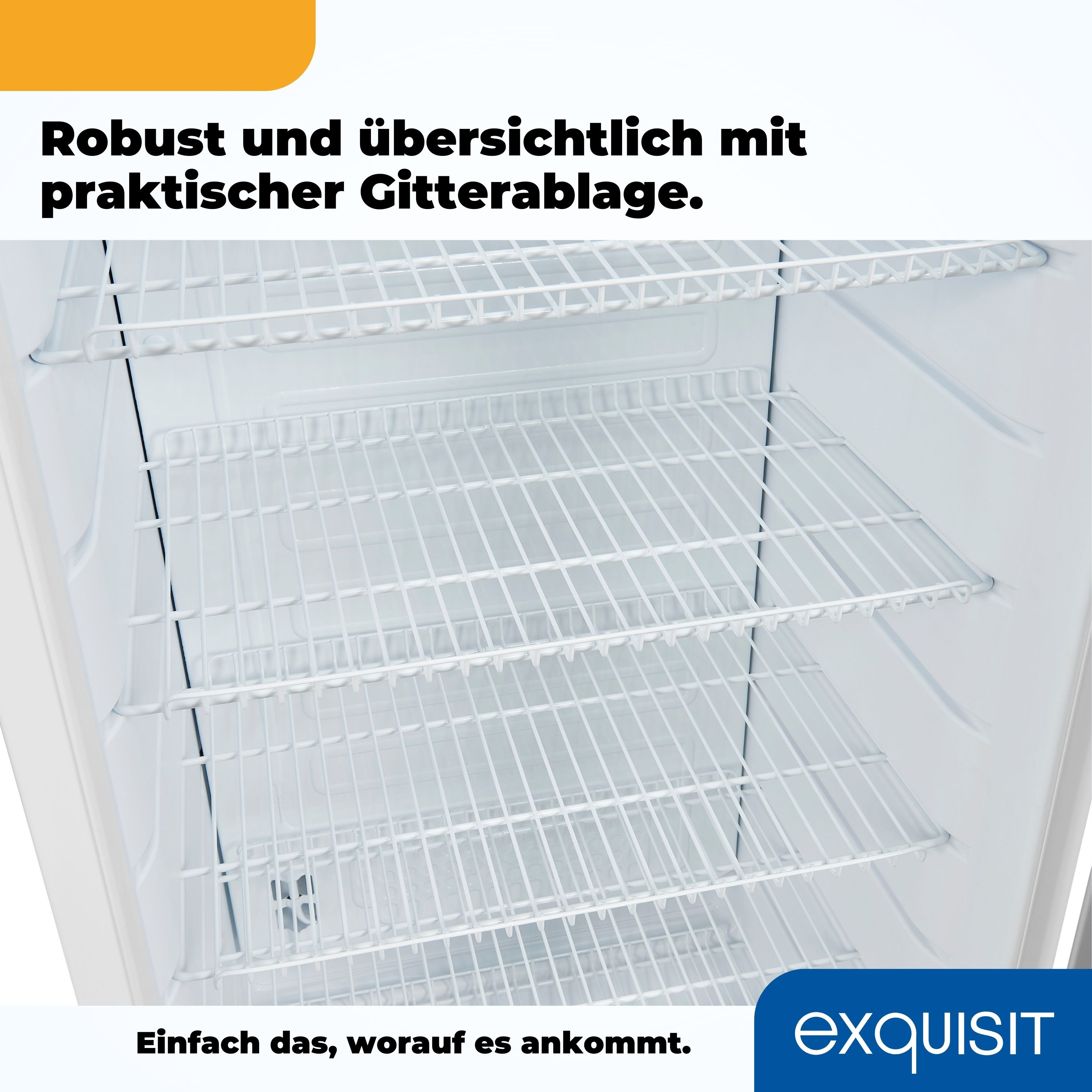 Ein weißer Kühlschrankinnenraum mit Drahtregalen.