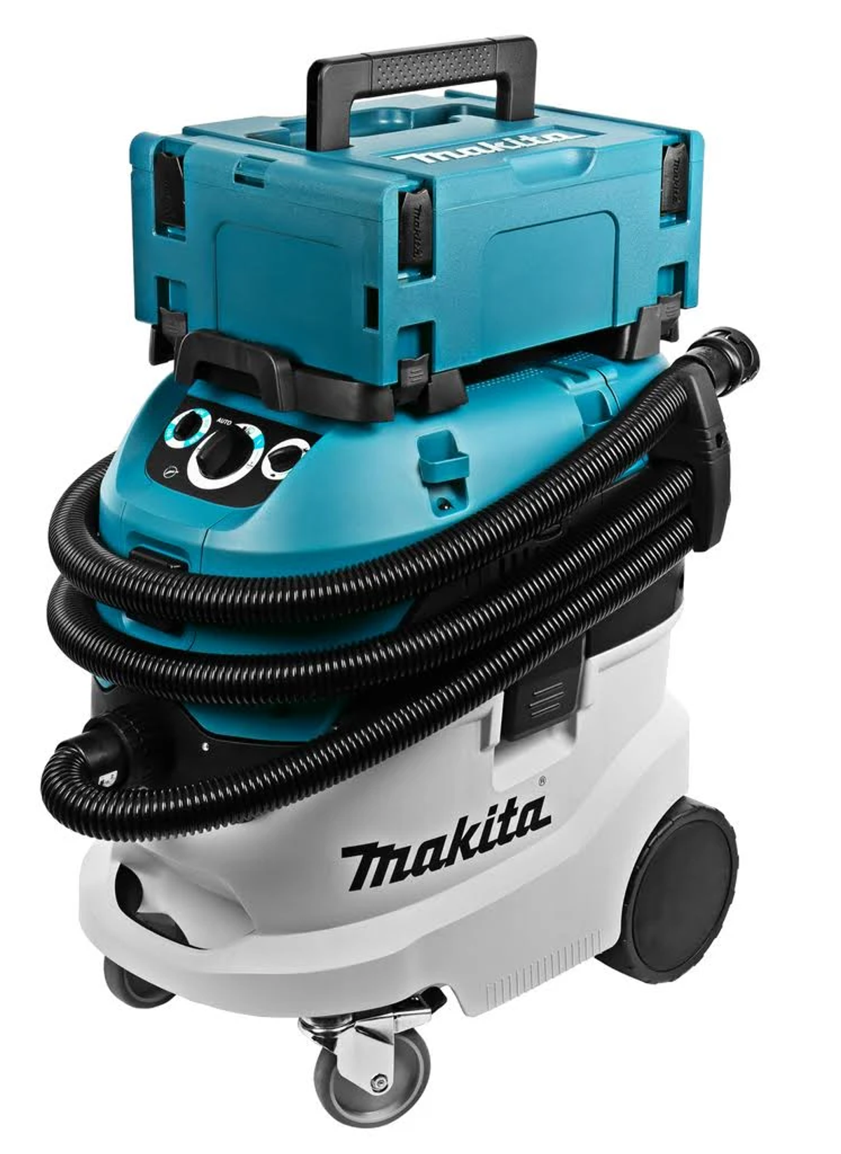 Aspiradora Makita con contenedor superior turquesa y manguera negra.