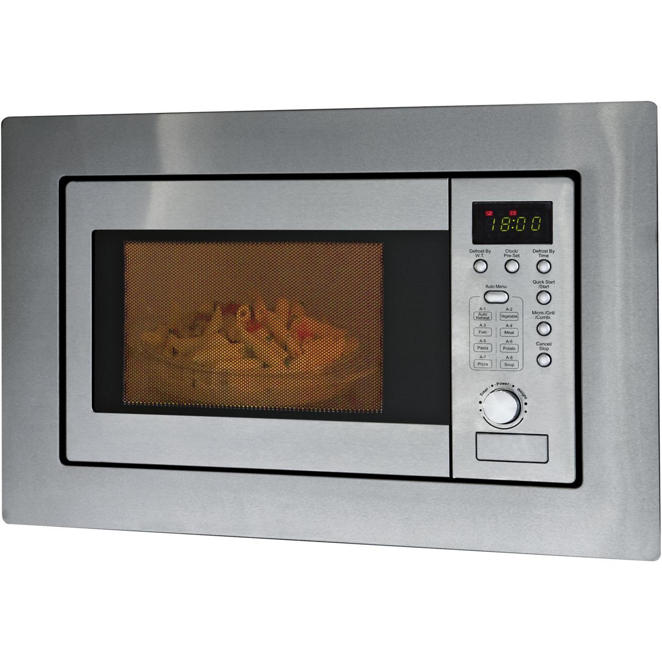 Srebrna wbudowana kuchenka mikrofalowa z wyświetlaczem i przyciskami sterowania. Drzwi są zamknięte.