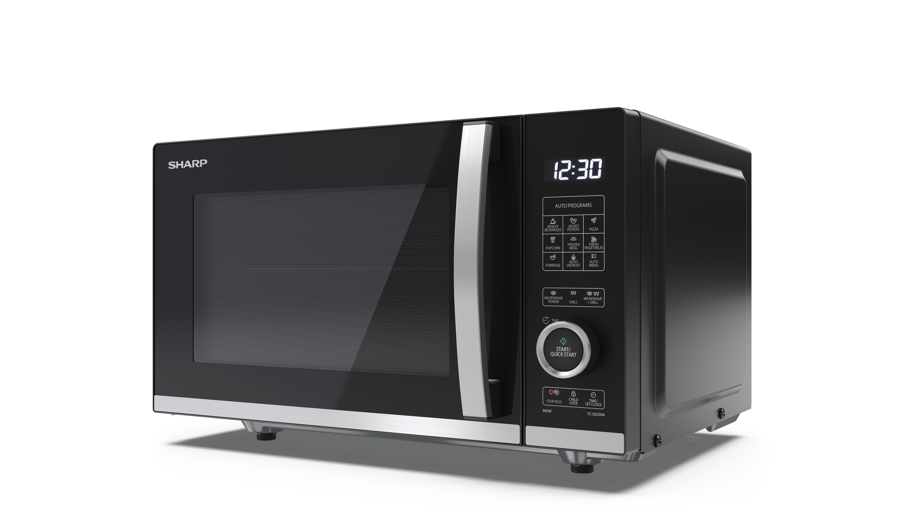 Horno microondas negro con pantalla digital que muestra la hora y botones de control.
