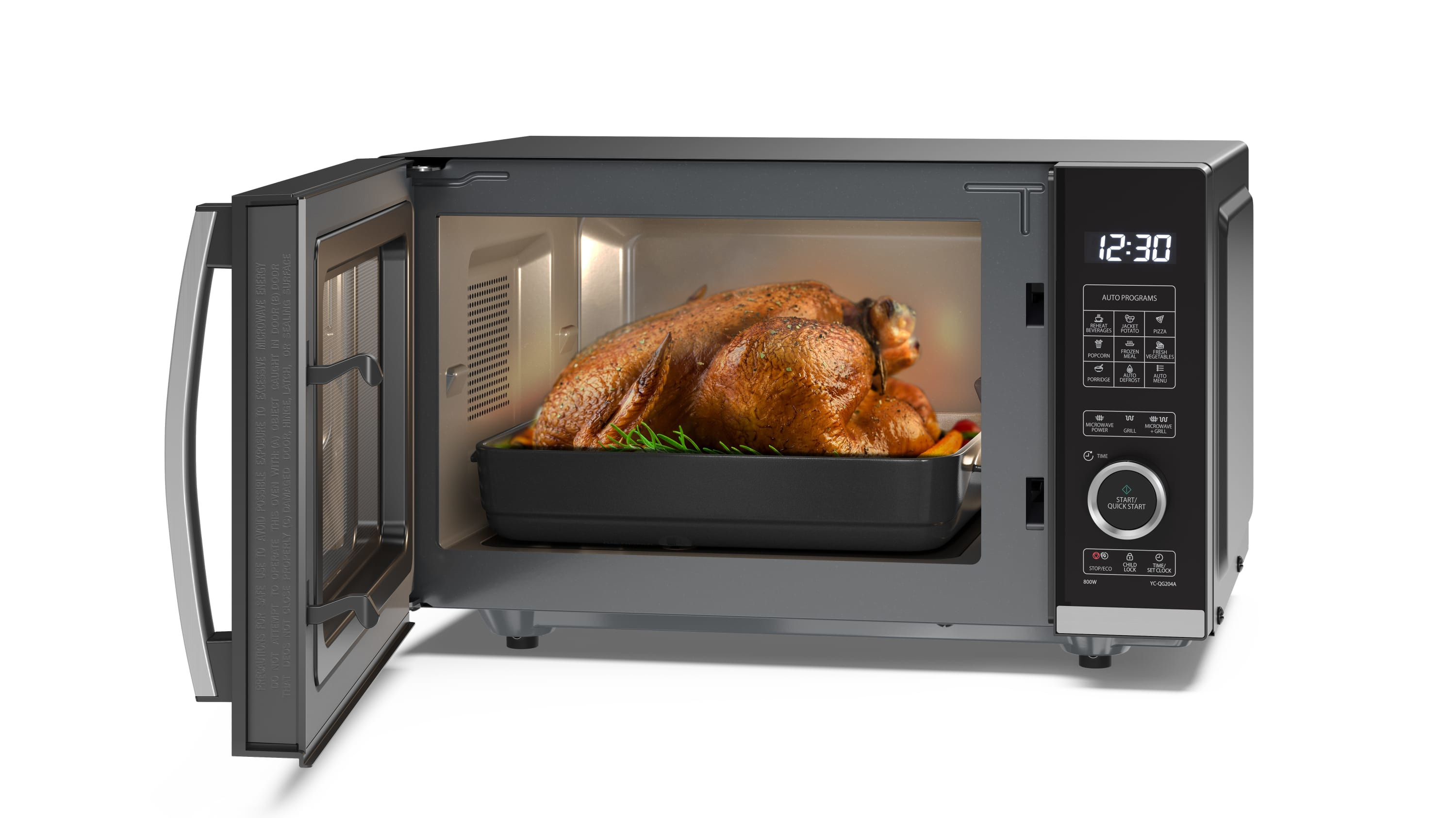 Horno microondas con pavo asado dentro. Puerta abierta. Pantalla digital y panel de control.
