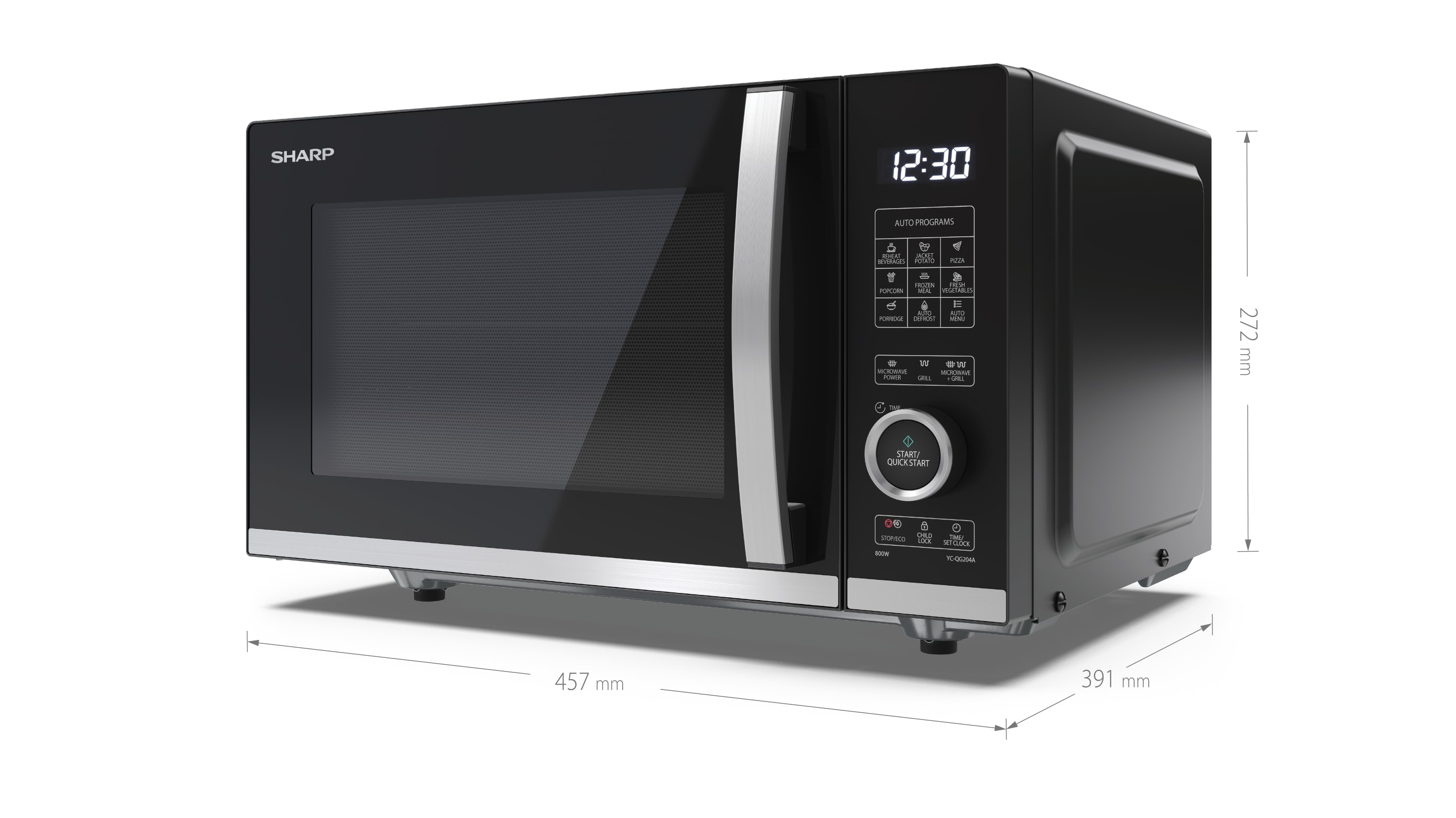 Un horno microondas negro Sharp con dimensiones sobre fondo blanco.
