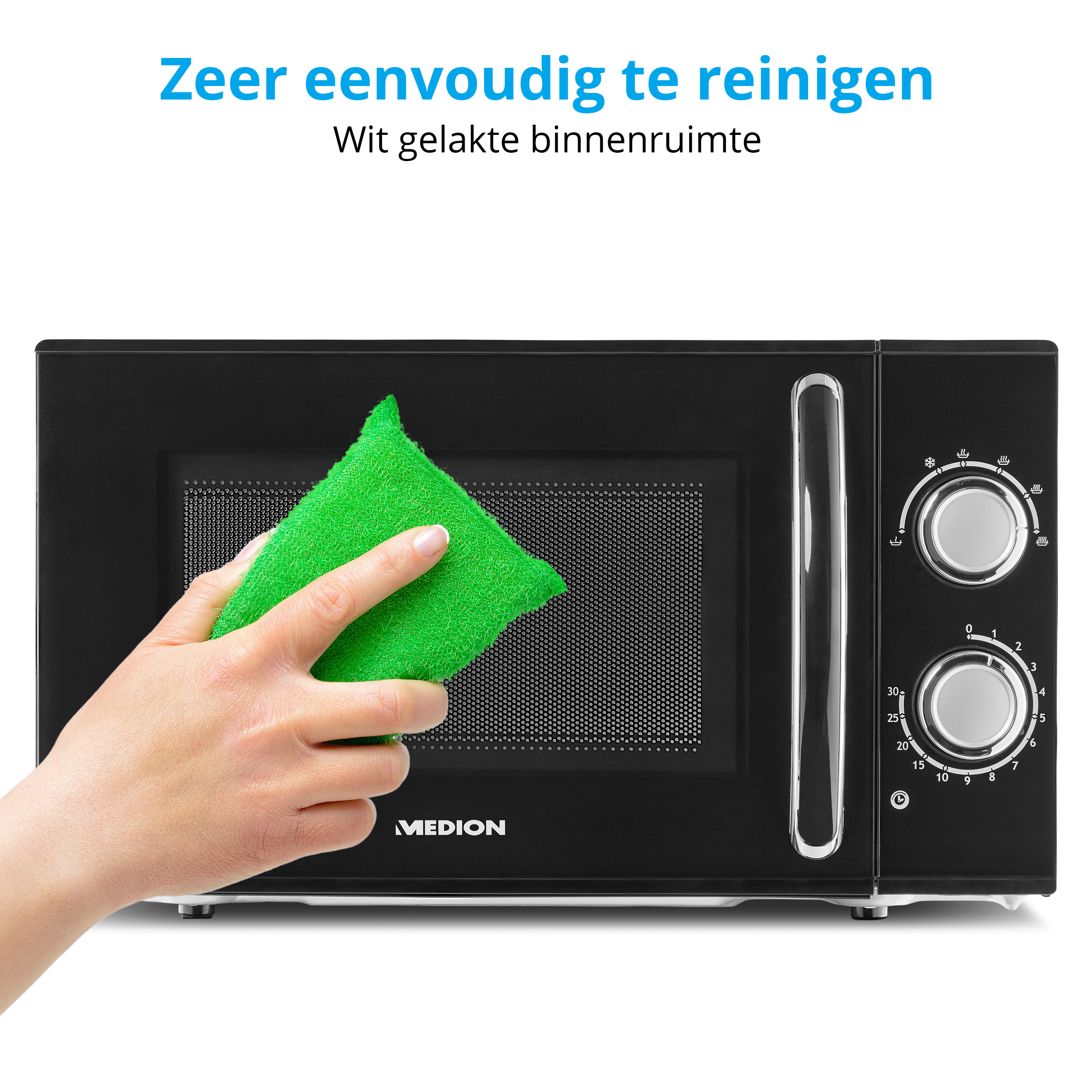 Osoba czyszcząca czarną kuchenkę mikrofalową zieloną gąbką. Tekst u góry mówi 'Łatwe do czyszczenia'.