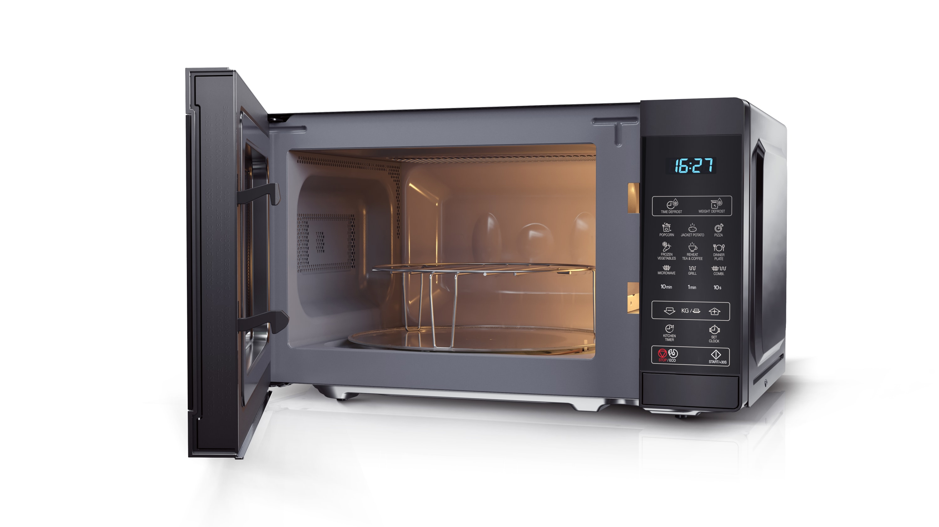 Kuchenka mikrofalowa, otwarte drzwi, wnętrze ze szklanym talerzem i metalowym rusztem.