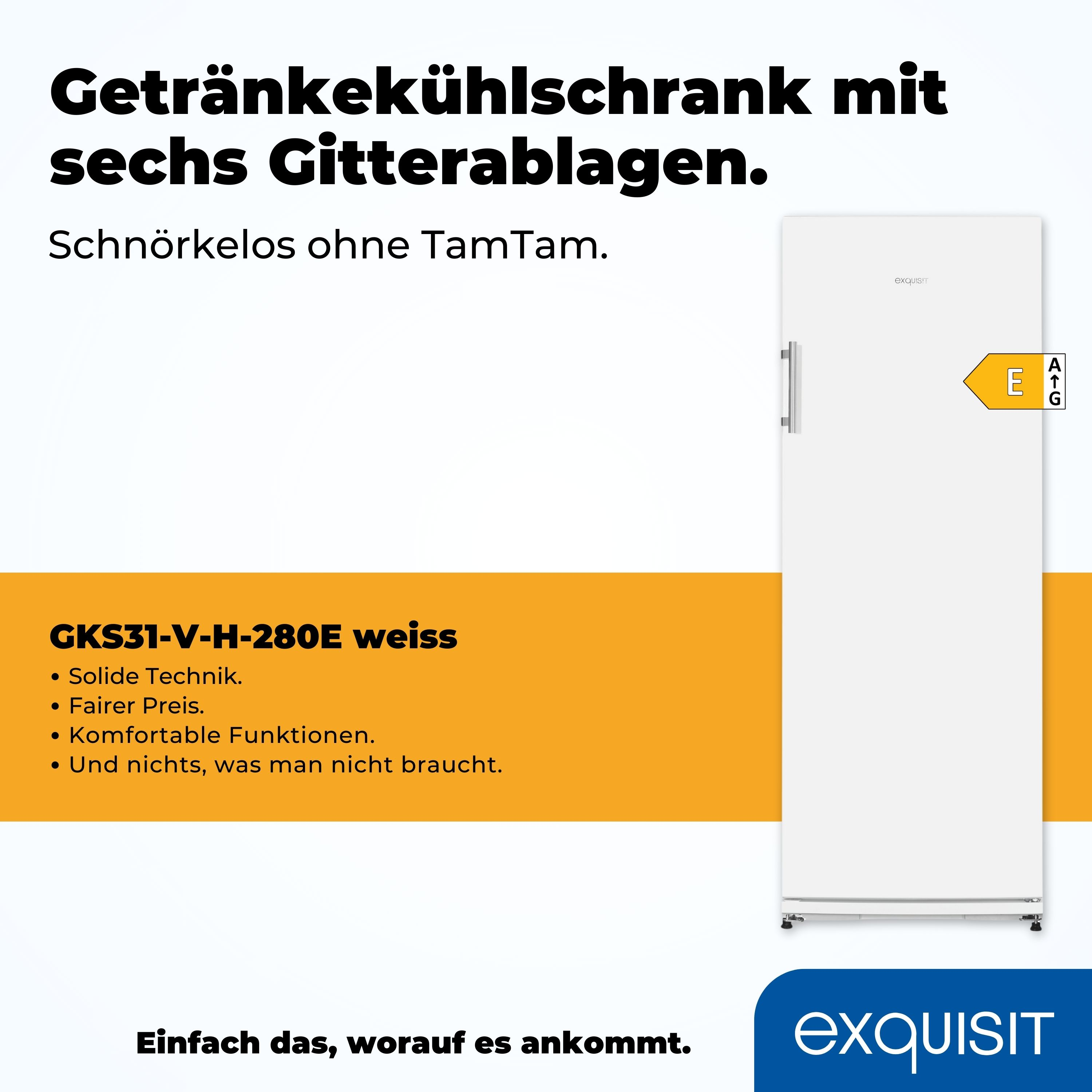 Weißer Kühlschrank mit Text, einem gelben Energielabel und einem weißen Türgriff. Schwarzer Text auf weißem Grund.