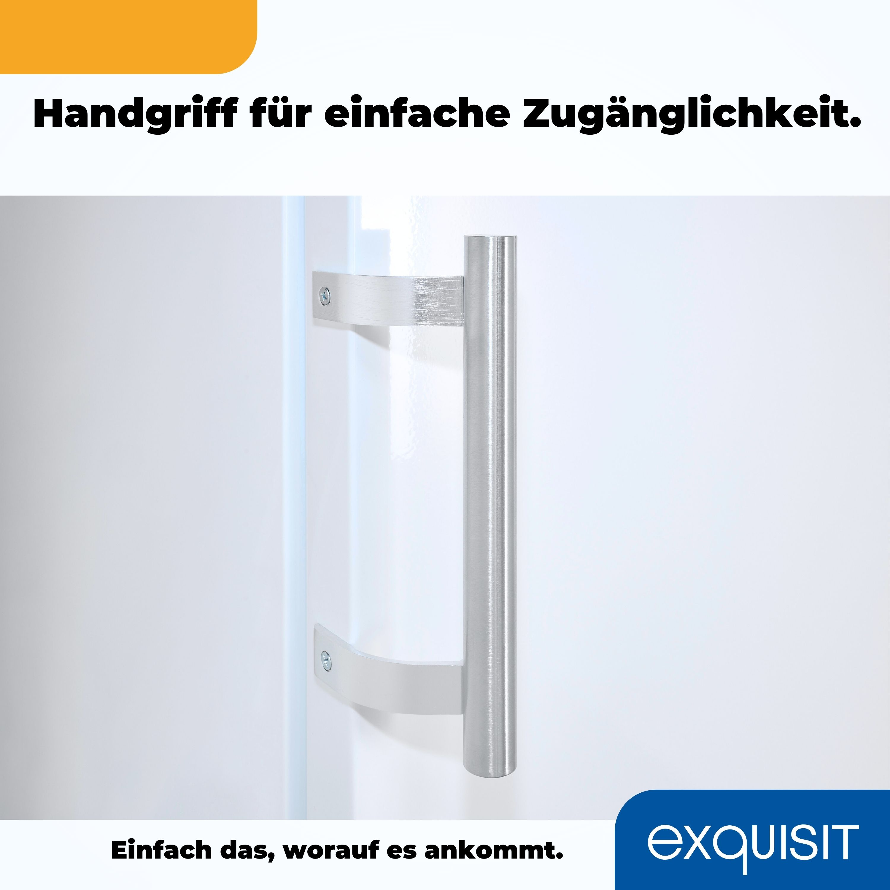 Silberner Türgriff. Vertikal, an einer weißen Tür montiert. Text: Handgriff für einfache Zugänglichkeit.