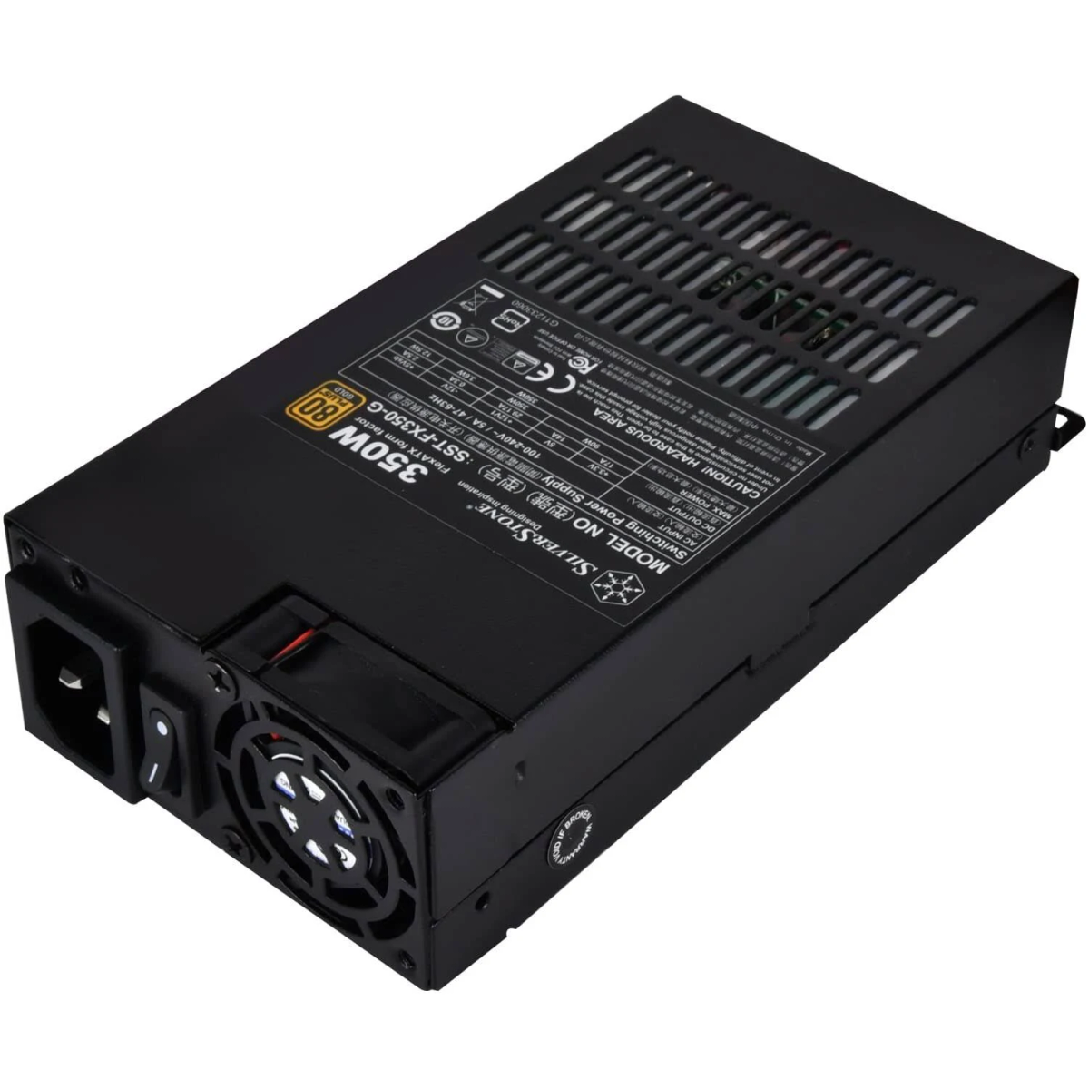 Fuente de alimentación negra con ventilador. Incluye interruptor y enchufe.