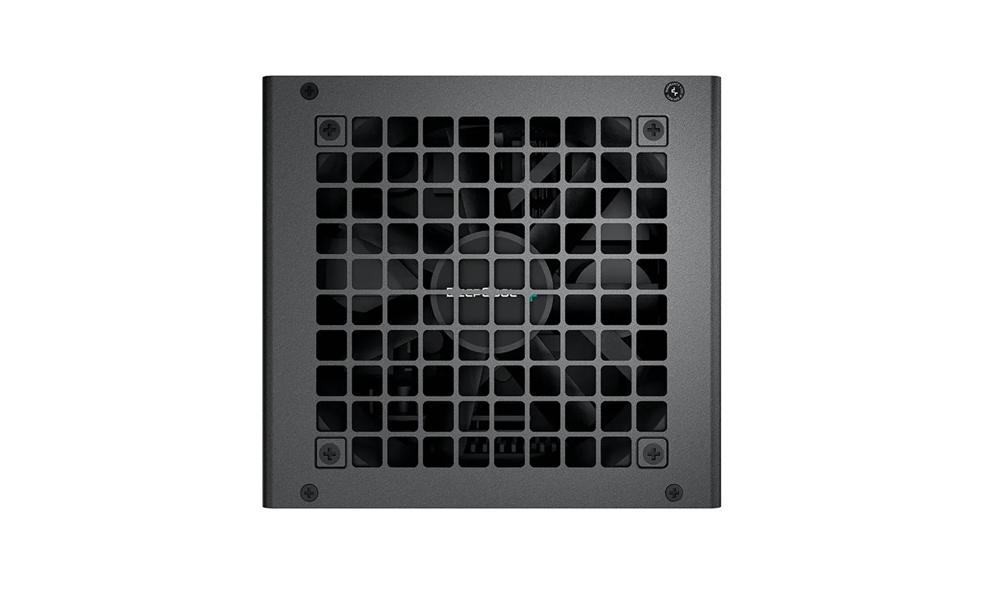 Donkergrijze voedingseenheid met een roosterachtig ventilatiesysteem en zichtbare schroeven.