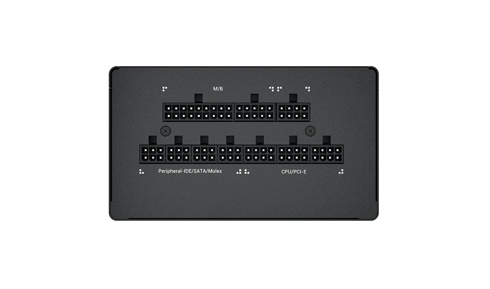 Een zwarte voeding voor een computer. Het heeft meerdere poorten voor het aansluiten van componenten.