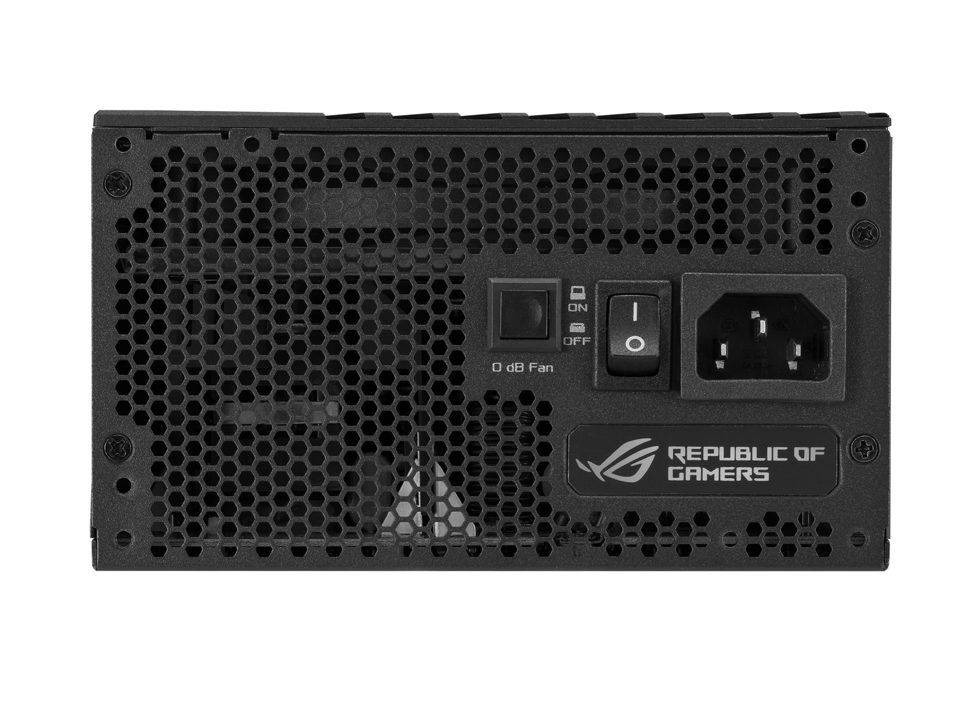Zwarte achterkant van voeding met ventilator, schakelaars en Republic of Gamers logo.