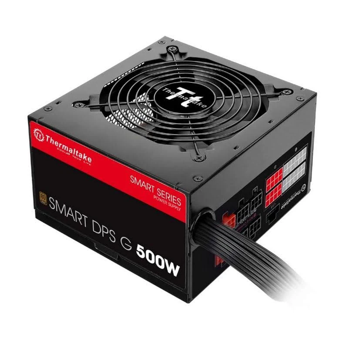 Czarny zasilacz Thermaltake Smart Series z wentylatorem oraz czerwonymi i czarnymi etykietami.