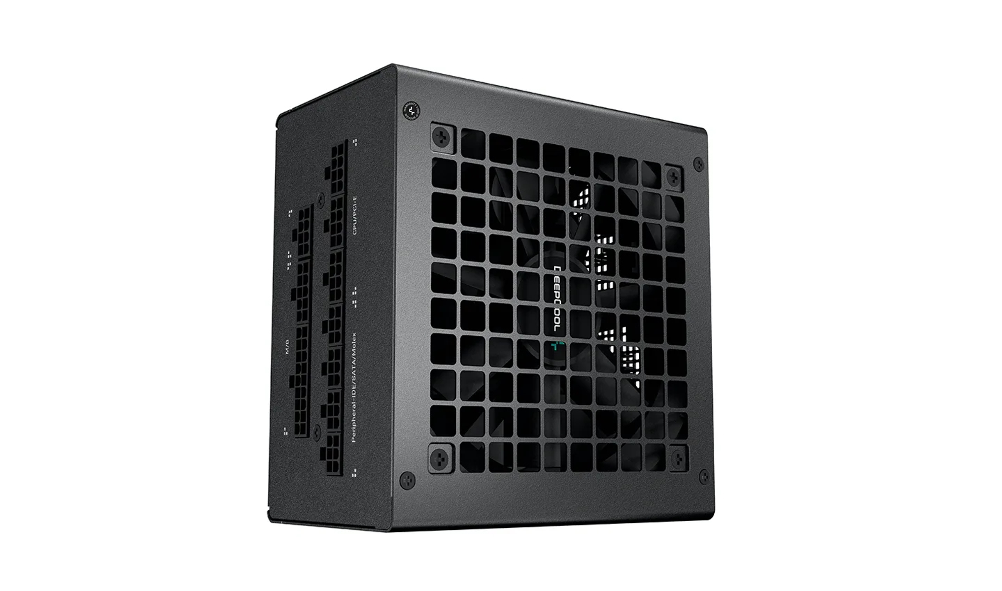 Zwarte Deepcool voedingseenheid met een rooster ventilator en diverse connector slots.