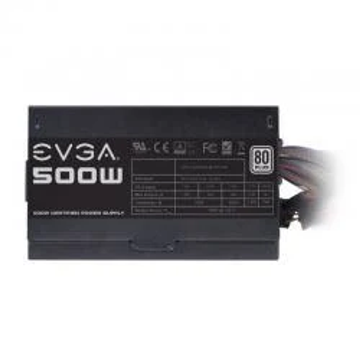 Czarny zasilacz EVGA 500W, z etykietami i złączami, na białym tle.