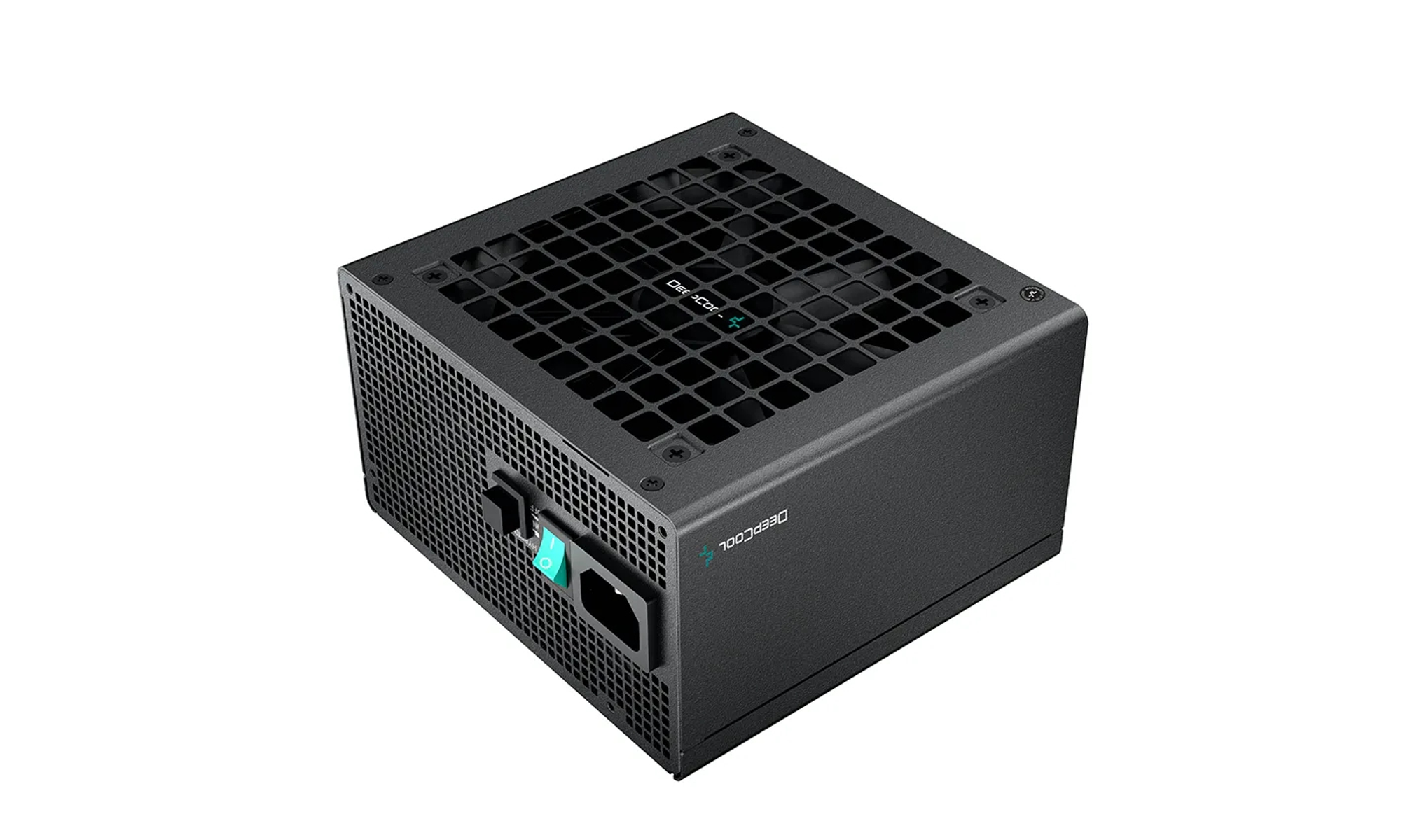 Deepcool voeding, zwart, met een ventilatorrooster en een aan/uit-schakelaar.
