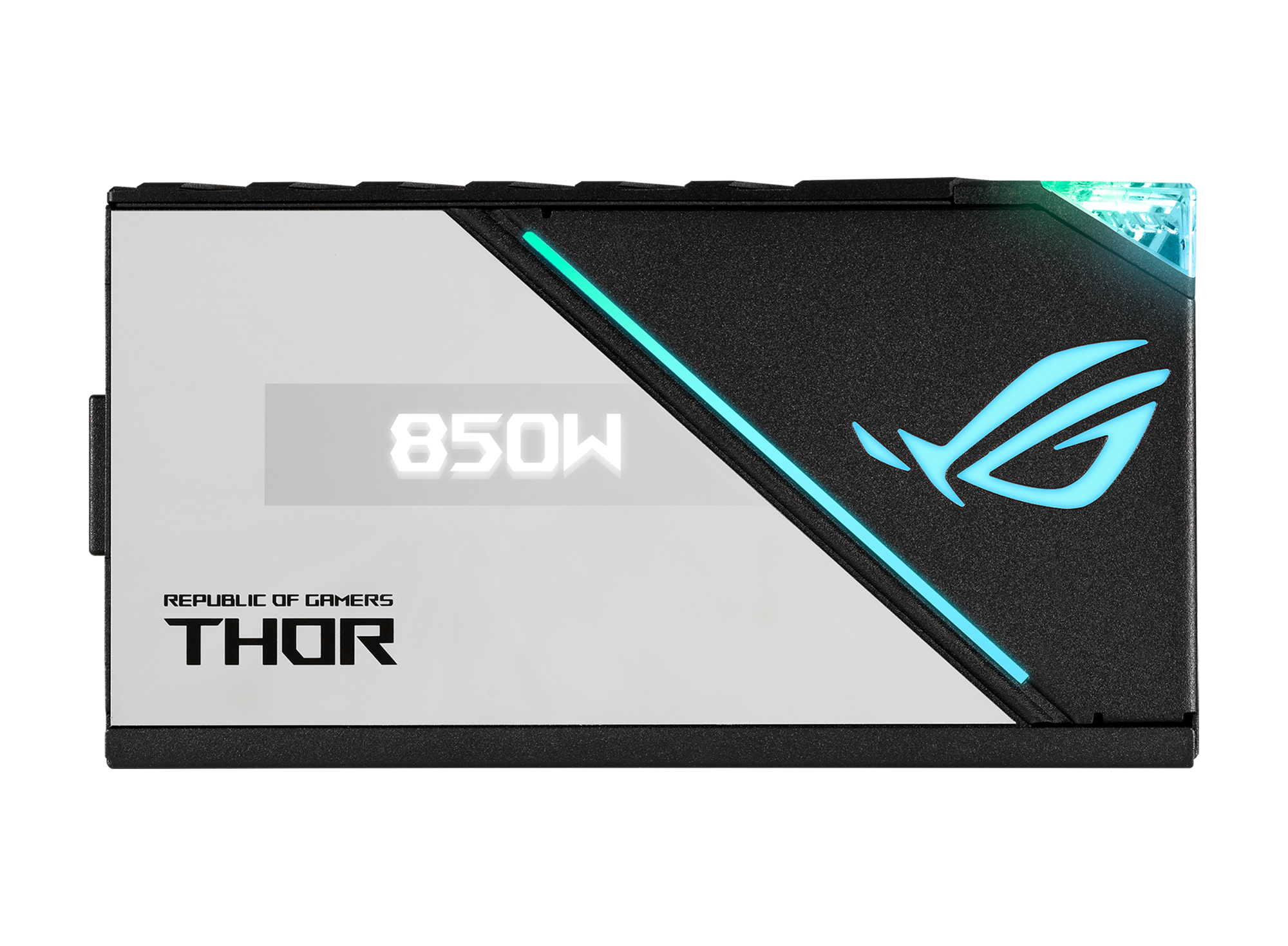 Zwarte voedingseenheid met een wit middengedeelte met '850W'. ROG-logo en lichten zijn zichtbaar.