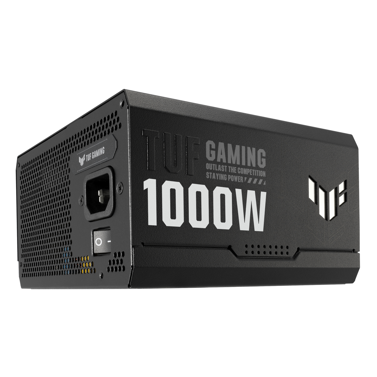 Czarny zasilacz TUF GAMING 1000W, z logo TUF GAMING i białym tekstem.