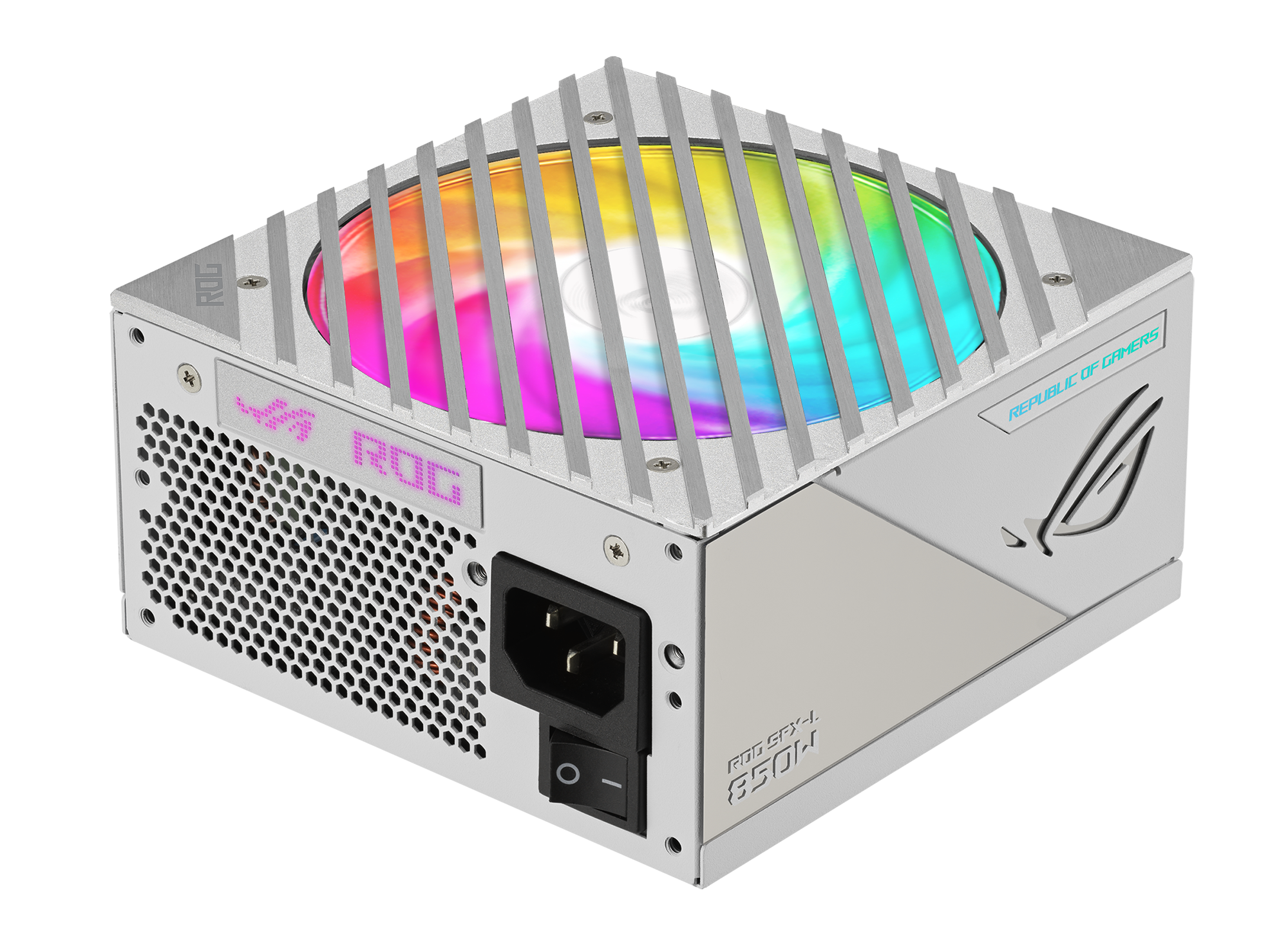 Srebrno-czarny zasilacz z podświetlanym wentylatorem i logo ROG.