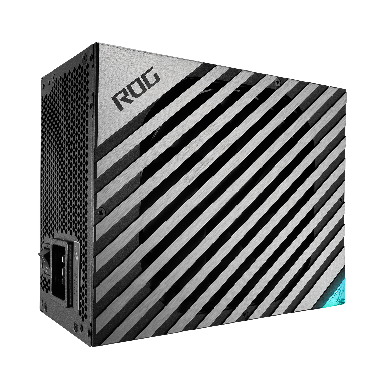 Alimentatore nero e argento con logo ROG e linee diagonali. Sfondo nero.