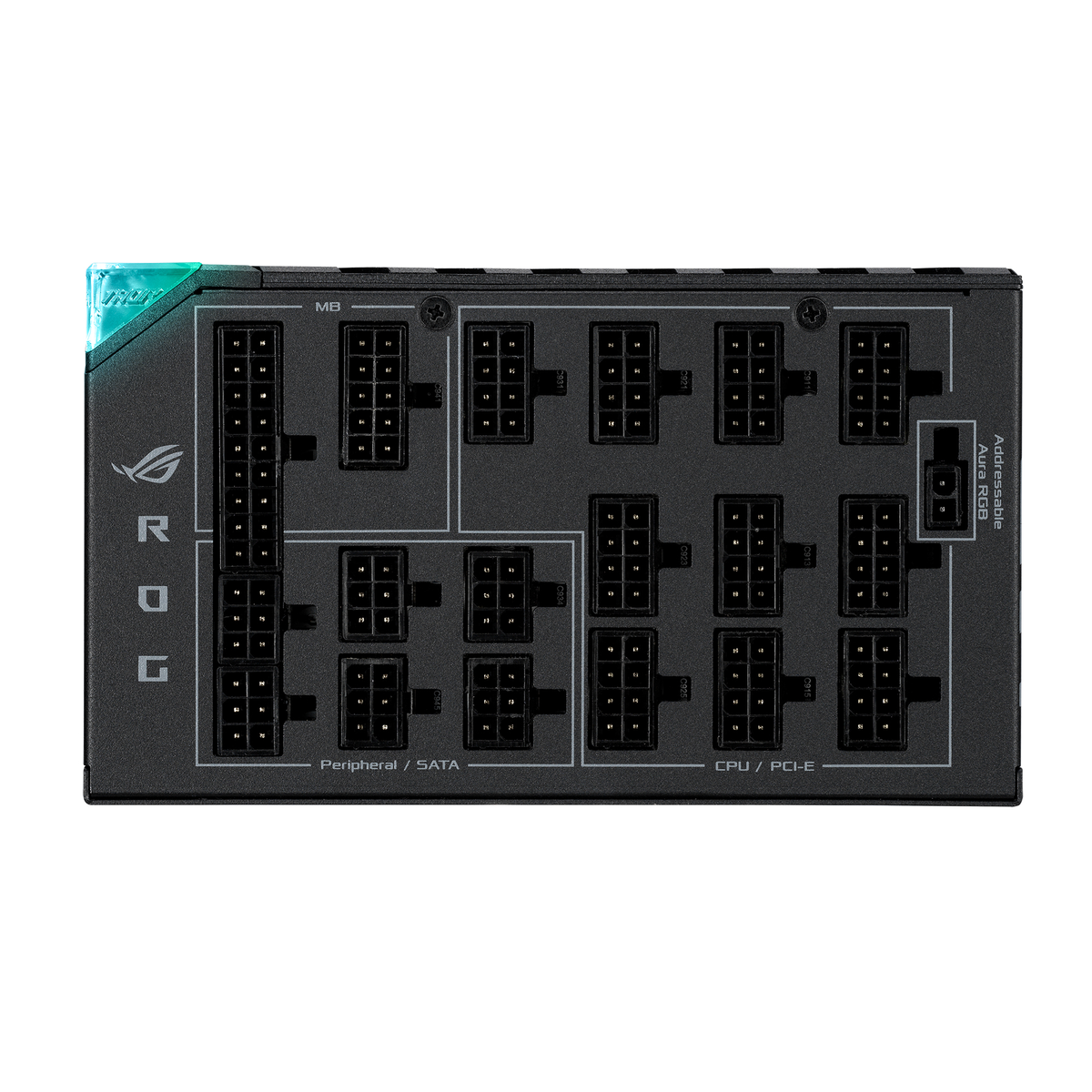 Alimentatore nero con slot per connettori.