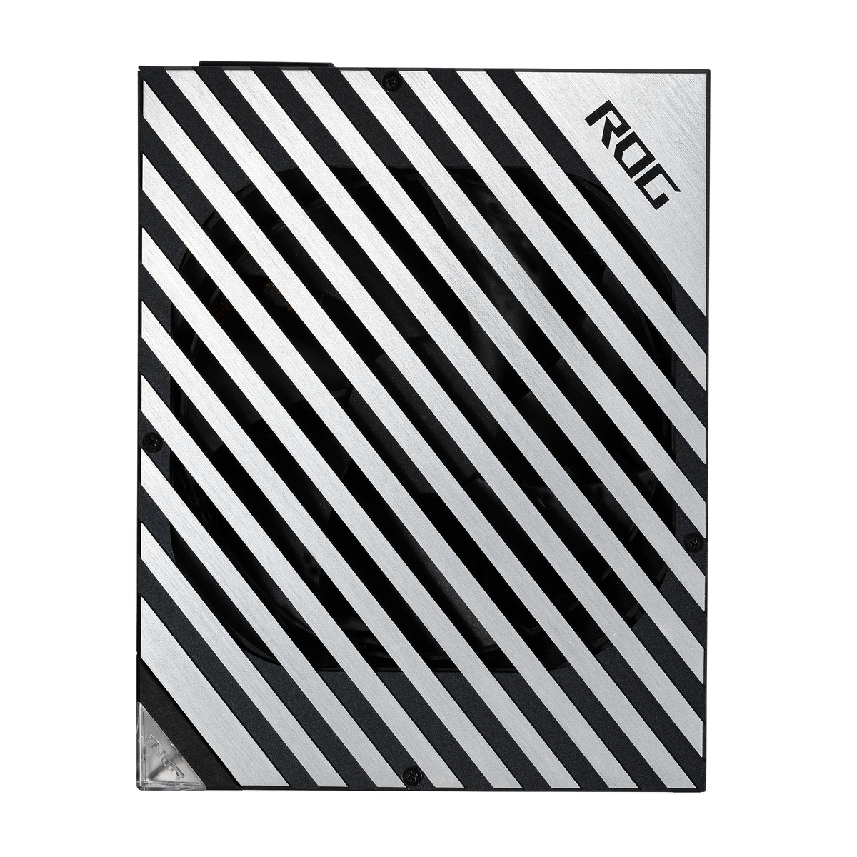 Vista dall'alto di un alimentatore ROG nero e argento con strisce diagonali e logo.