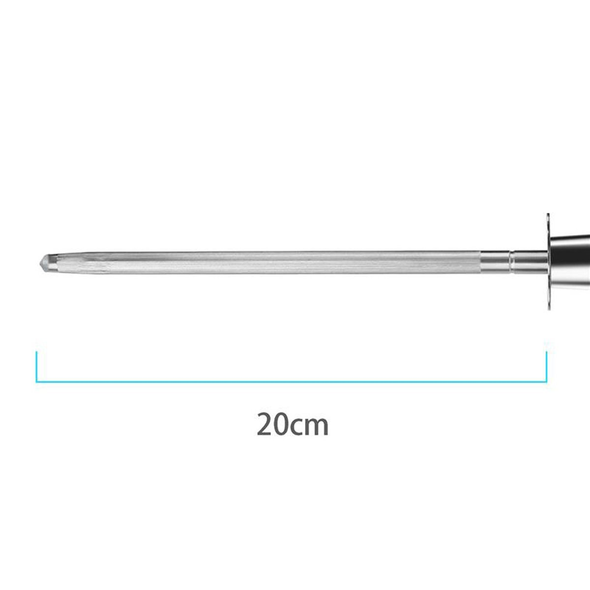 Eine 20 cm lange silberne Metallstange mit spitzem Ende und Griff.
